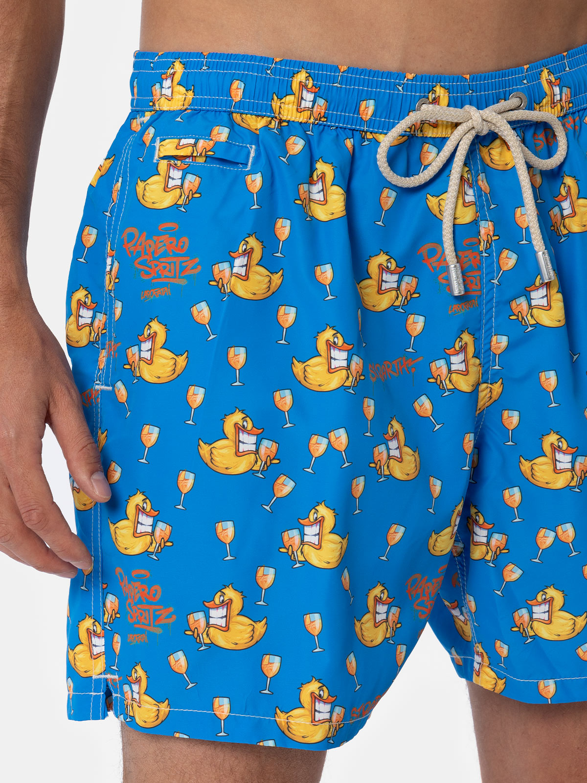 Man Lightweight Fabric Swim-Shorts Lighting Micro Fantasy With Ducky Cryptopuppets Print | Special Edition Blue Swimshort
