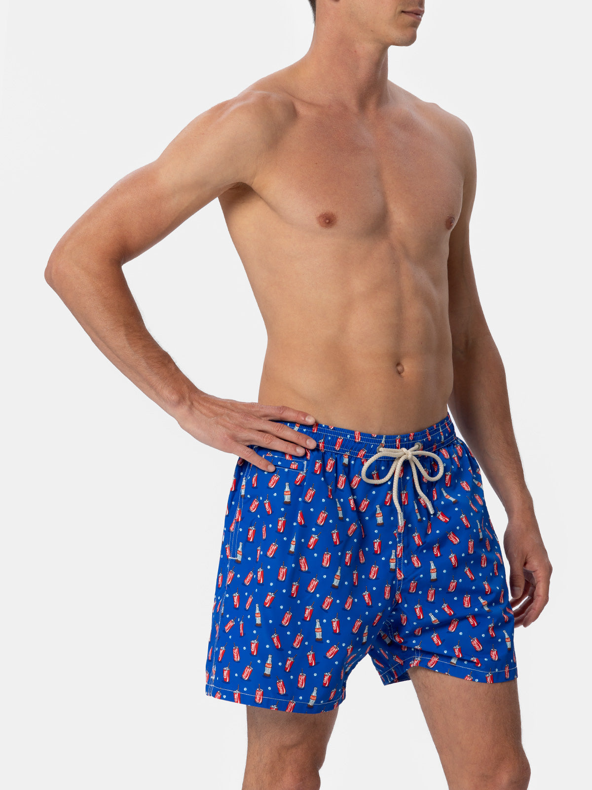 Man Lightweight Fabric Swim-Shorts Lighting Micro Fantasy With Coca Cola Print | The Company Special Edition Blue Swimshort