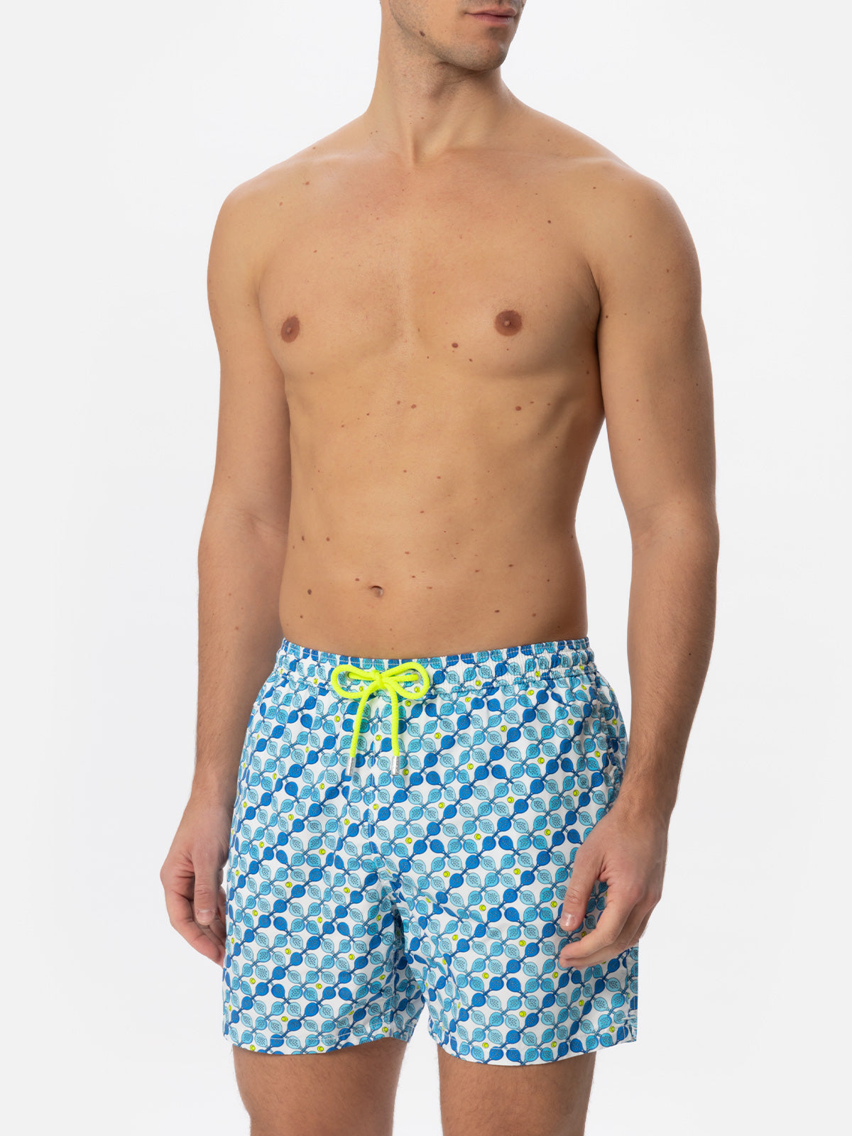Man Light Fabric Swim Shorts With Padel Rackets Print White Swimshort
