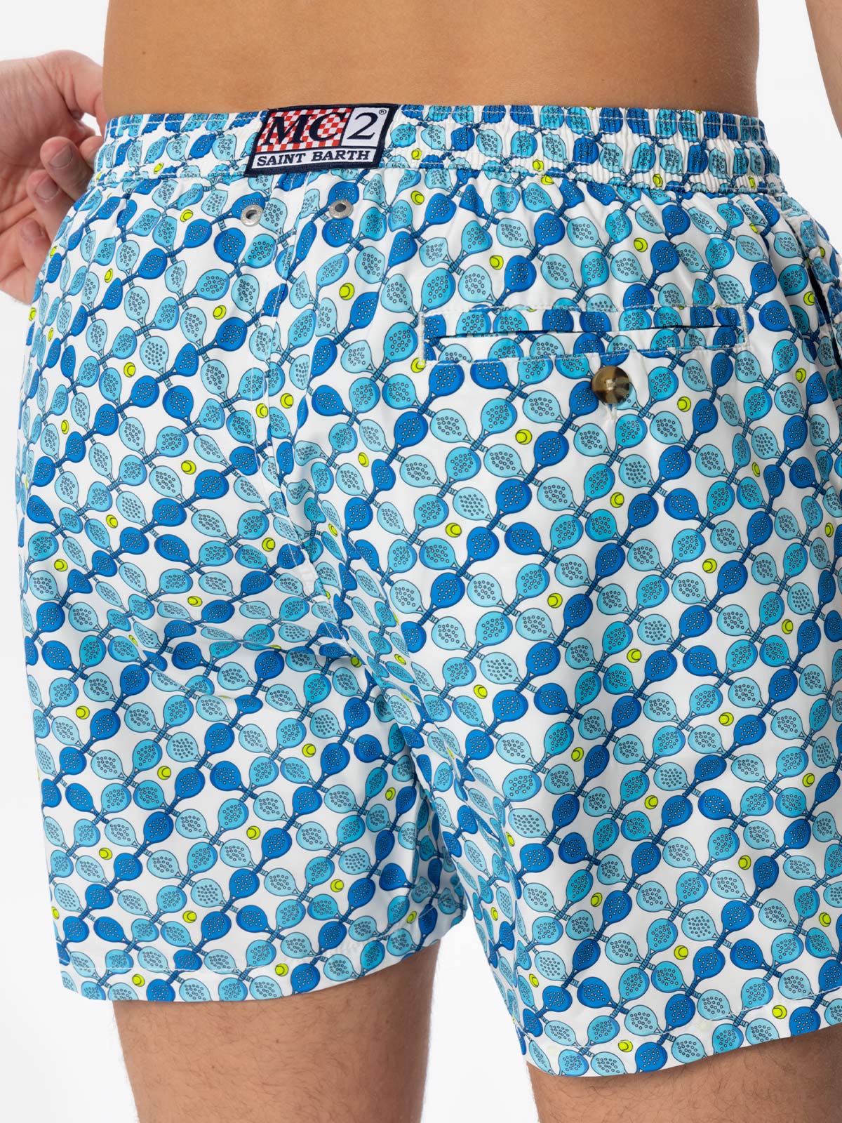 Man Light Fabric Swim Shorts With Padel Rackets Print White Swimshort
