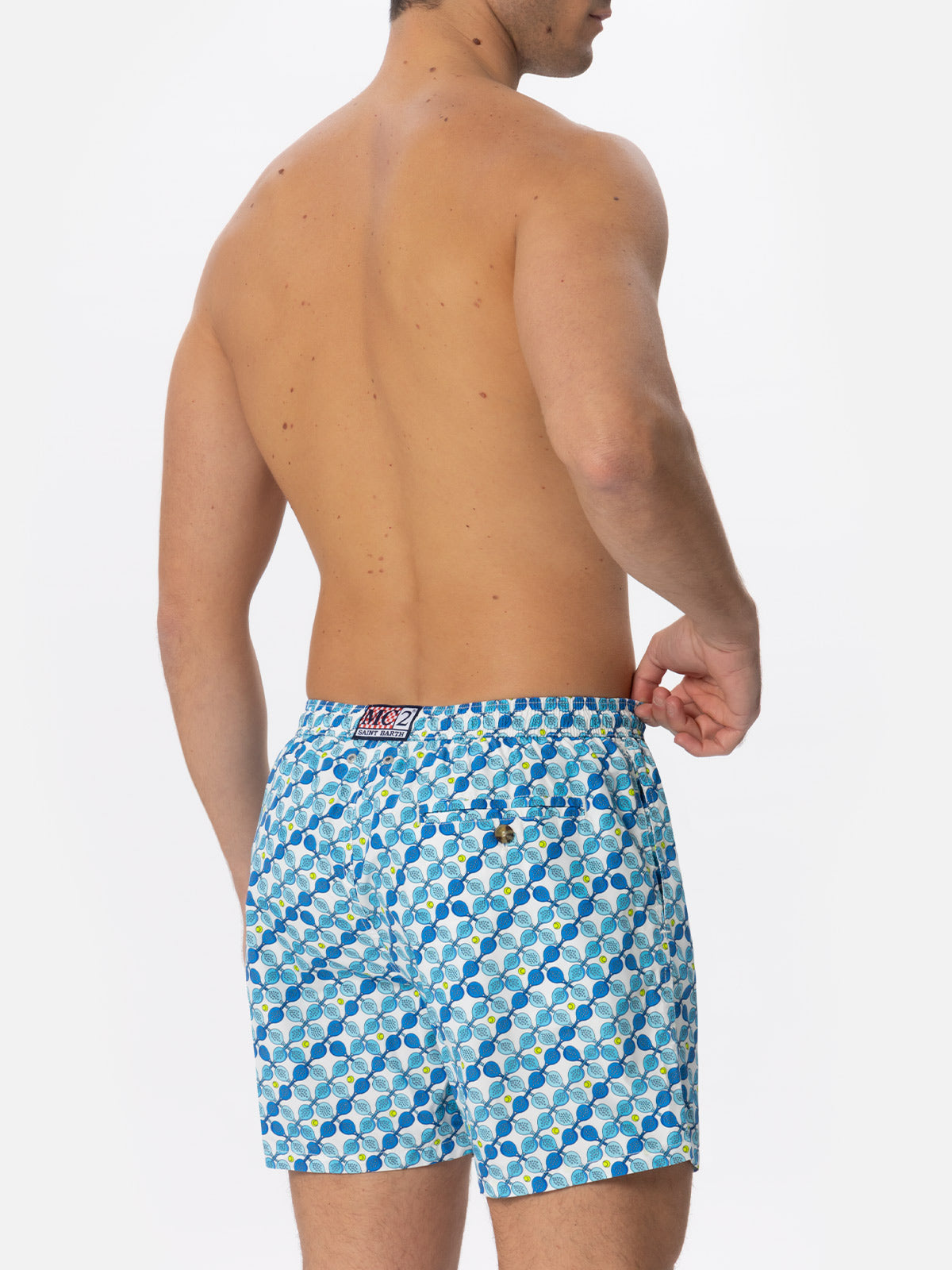 Man Light Fabric Swim Shorts With Padel Rackets Print White Swimshort