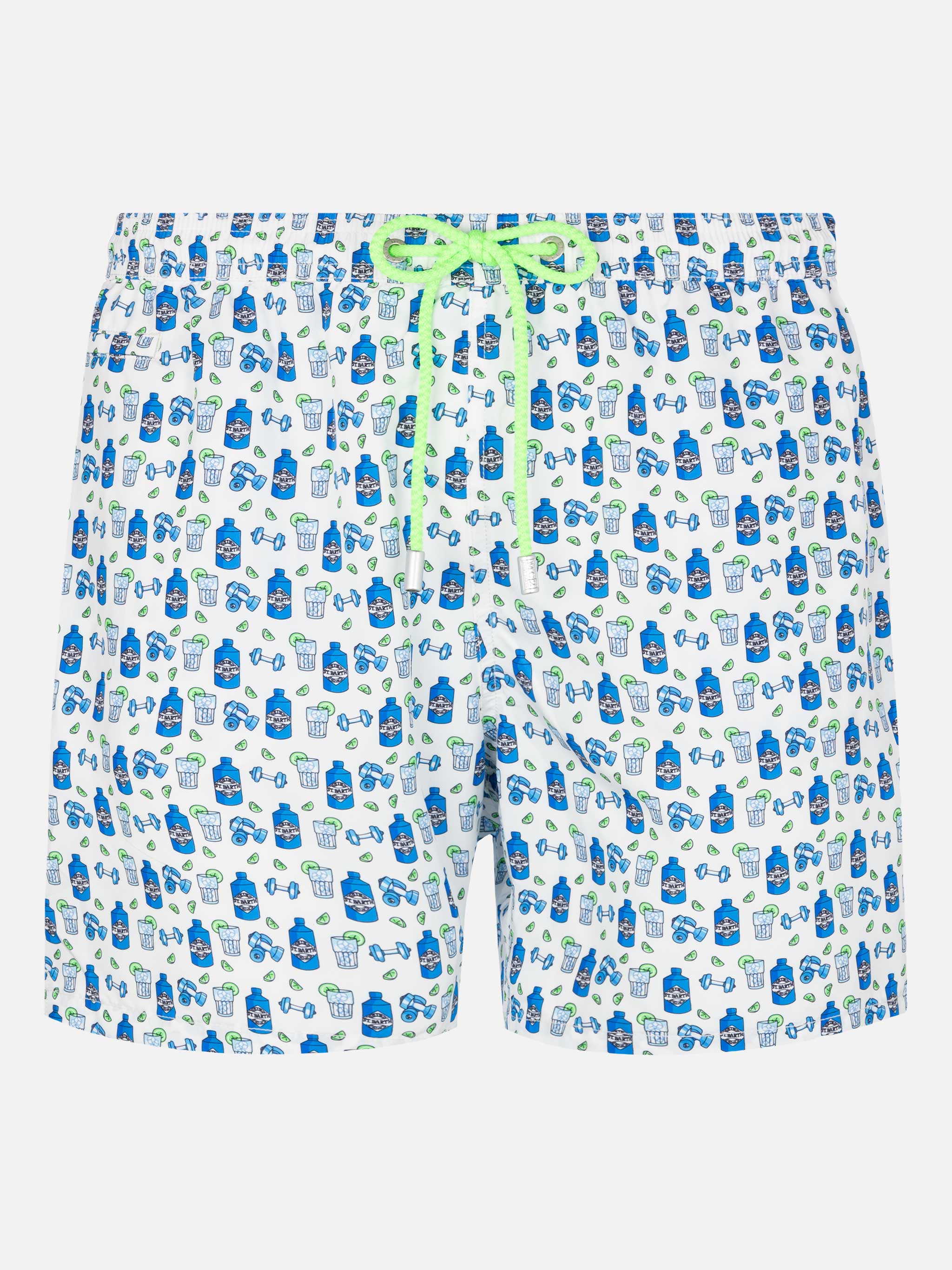 Lightweight Fabric Swim Shorts Lighting With Gin Gym Print White Swimshort