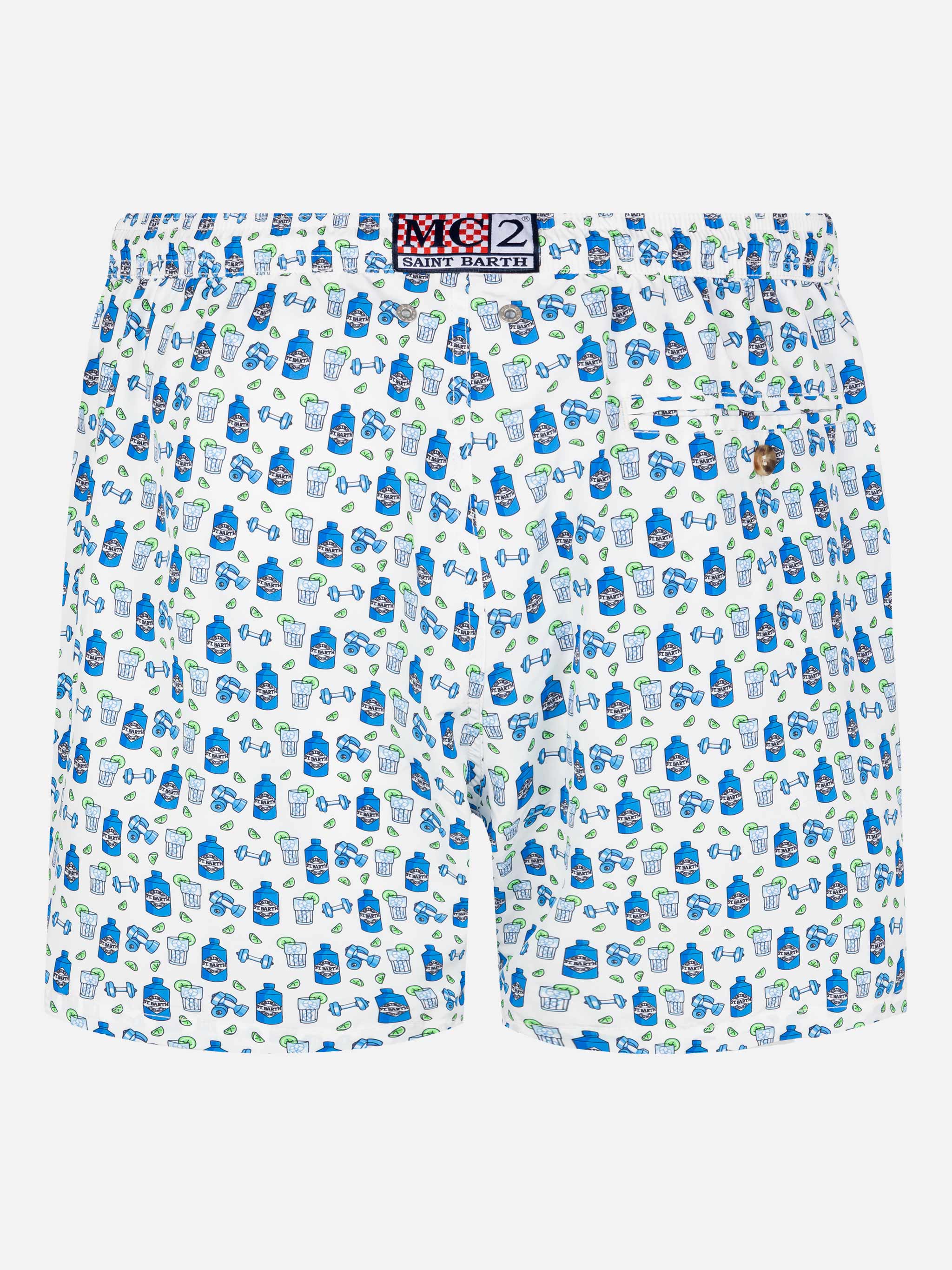 Lightweight Fabric Swim Shorts Lighting With Gin Gym Print White Swimshort