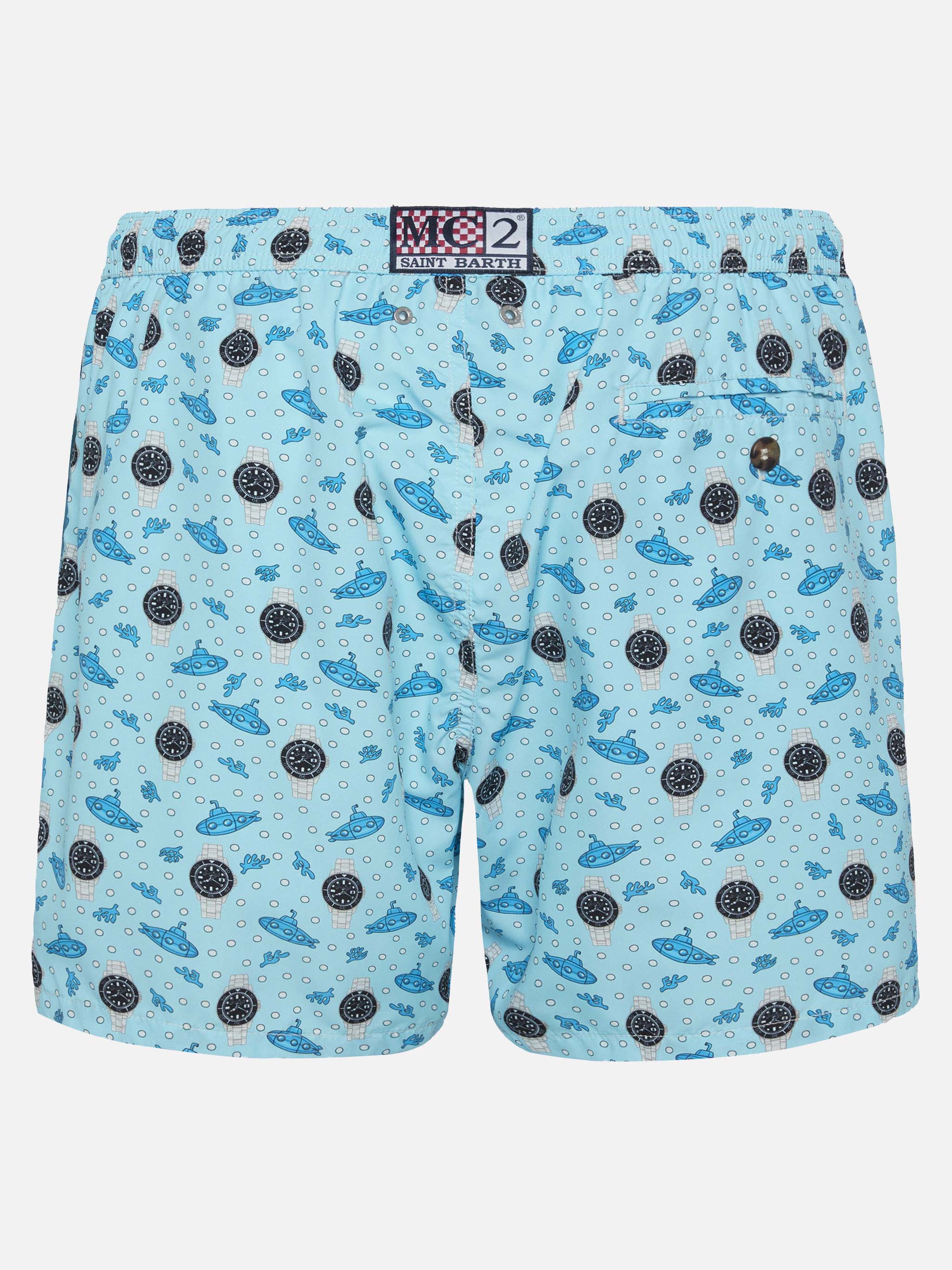 Lightweight Fabric Swim Shorts Lighting With Watch Print Blue Swimshort