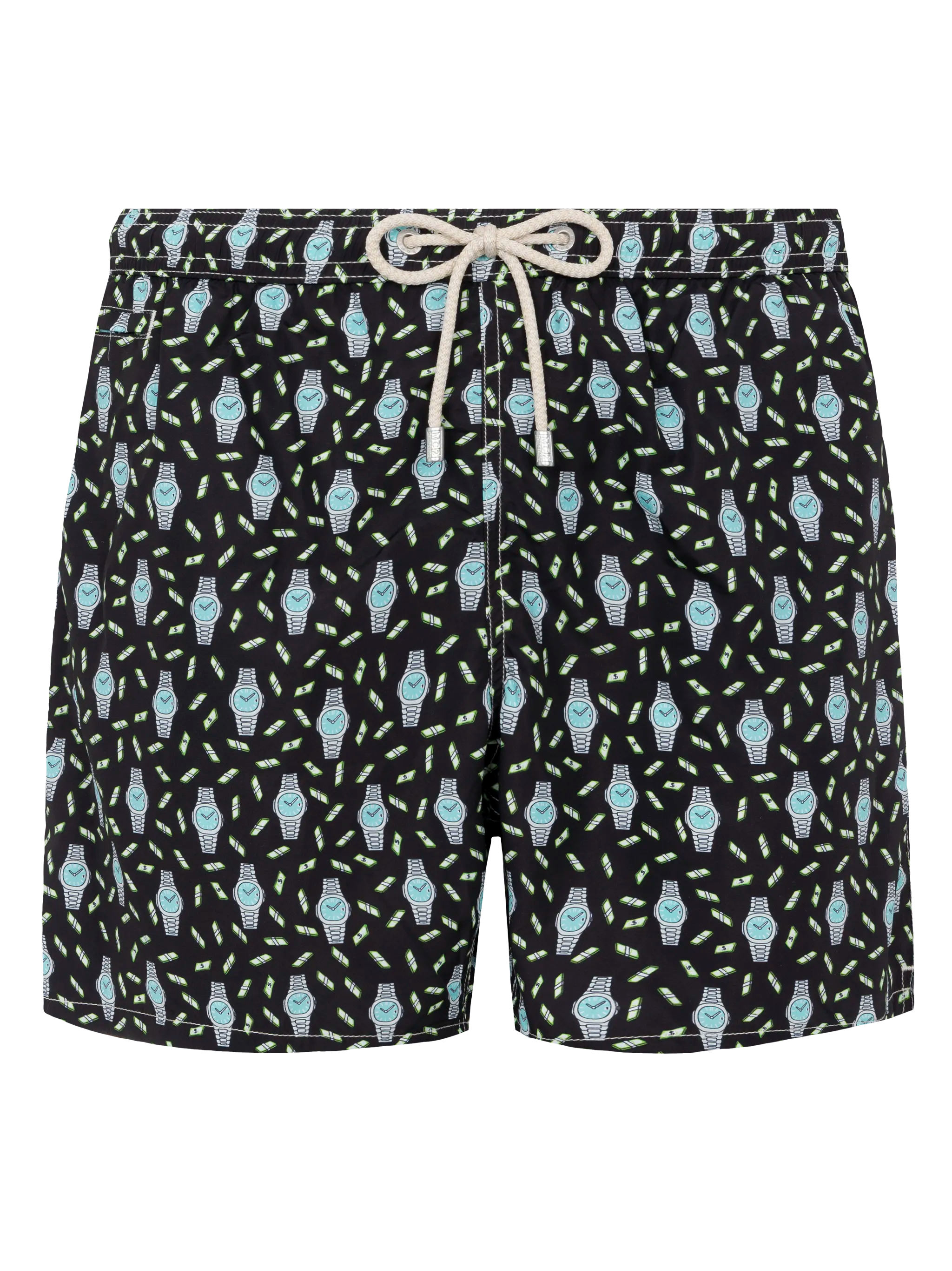 Lightweight Fabric Swim Shorts Lighting With Watch Print Black Swimshort