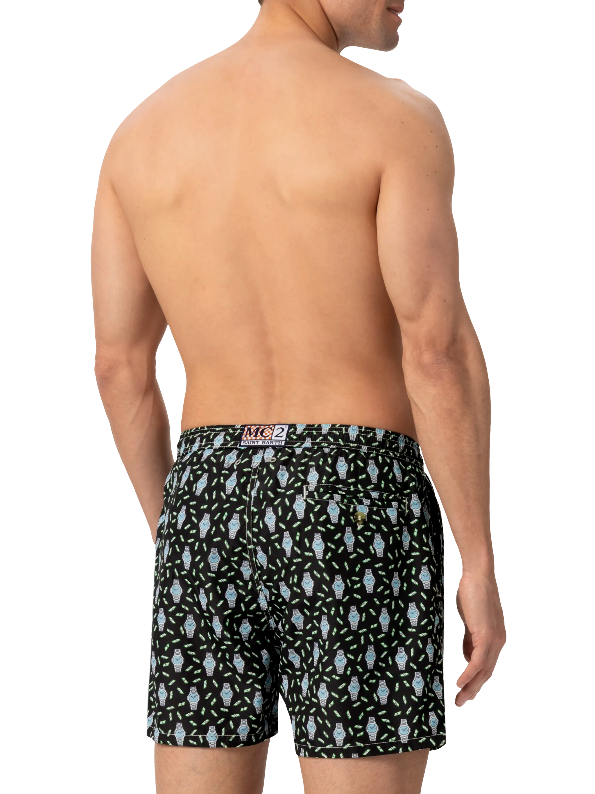 Lightweight Fabric Swim Shorts Lighting With Watch Print Black Swimshort