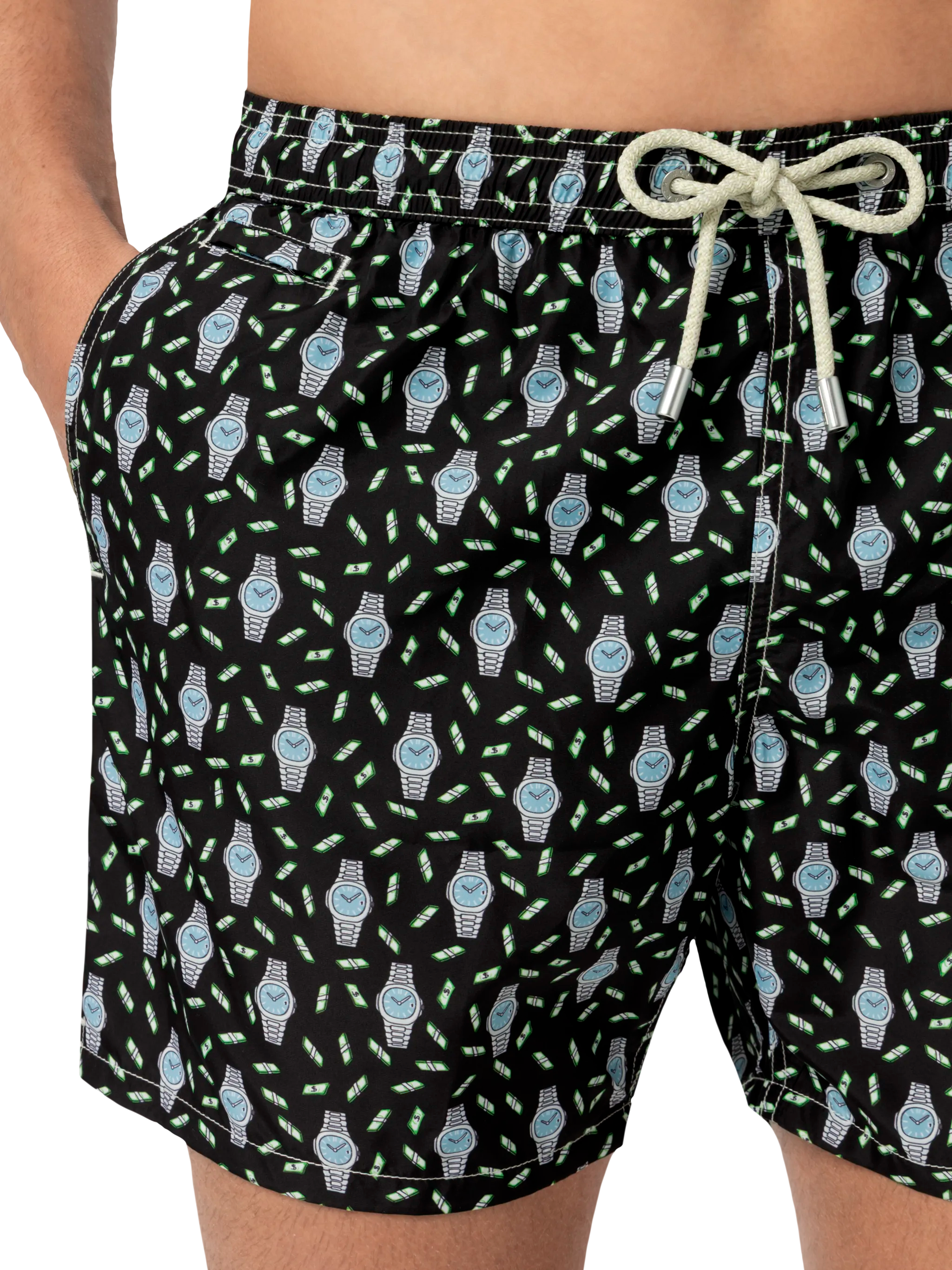 Lightweight Fabric Swim Shorts Lighting With Watch Print Black Swimshort