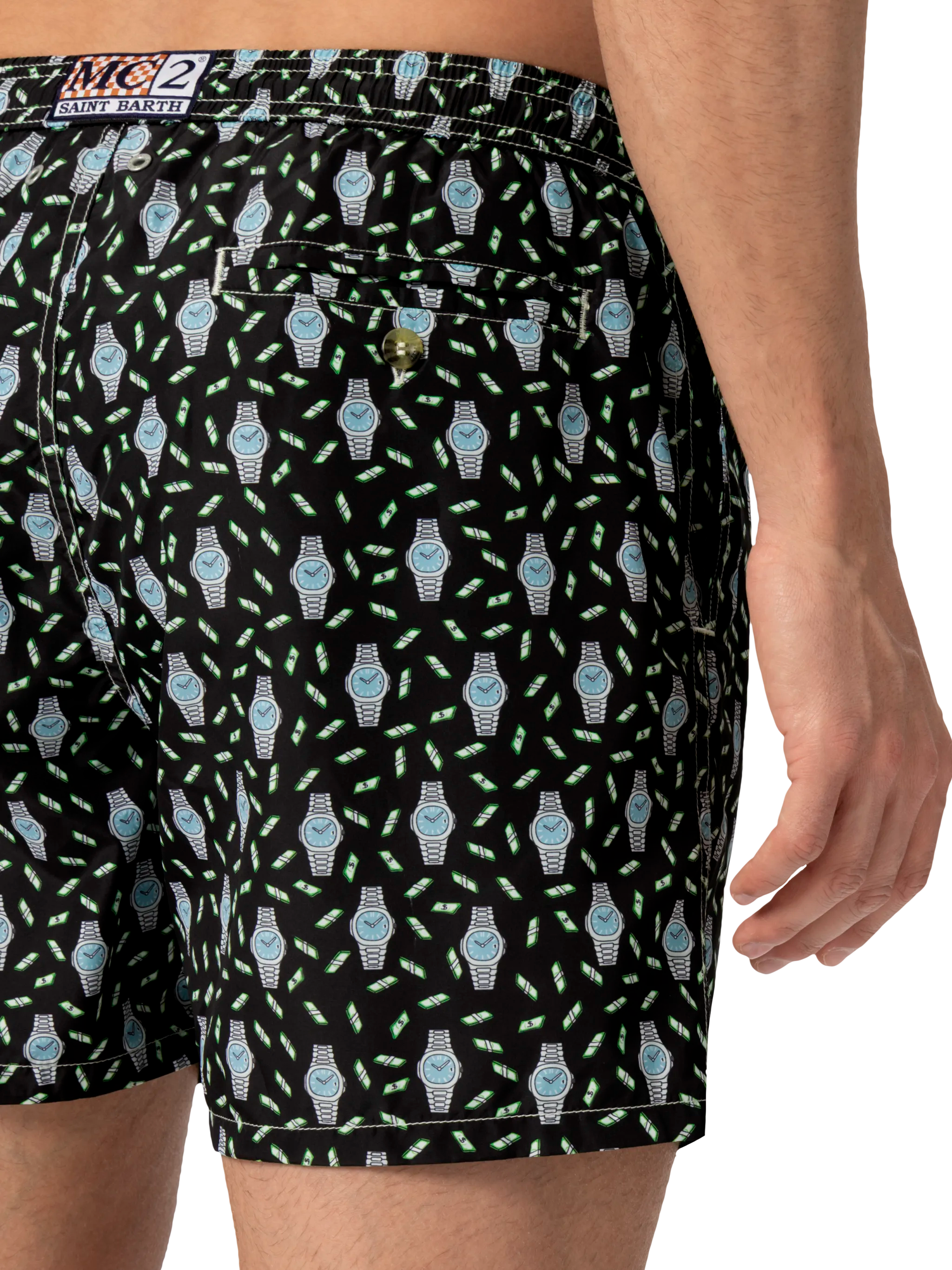 Lightweight Fabric Swim Shorts Lighting With Watch Print Black Swimshort