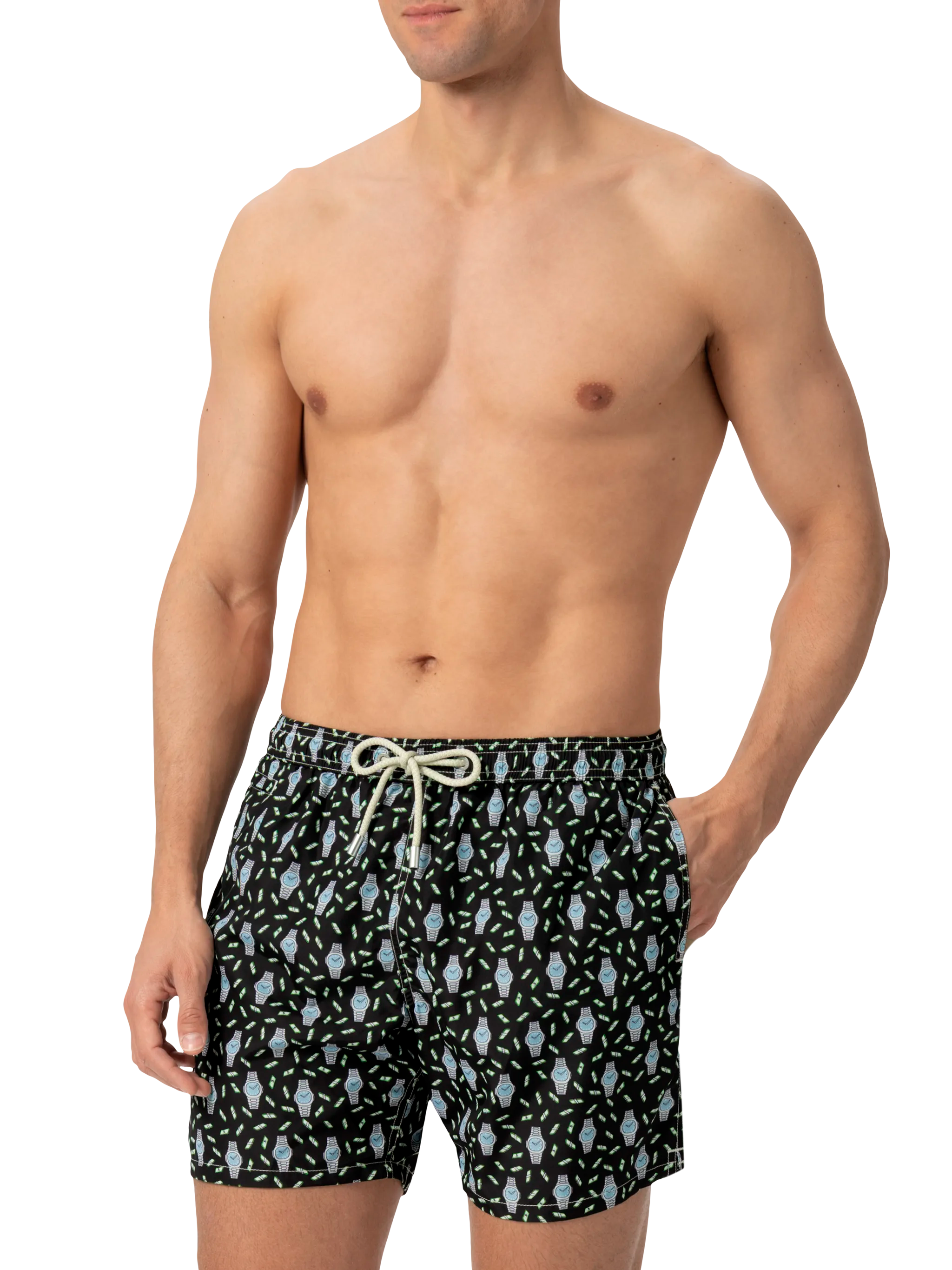Lightweight Fabric Swim Shorts Lighting With Watch Print Black Swimshort