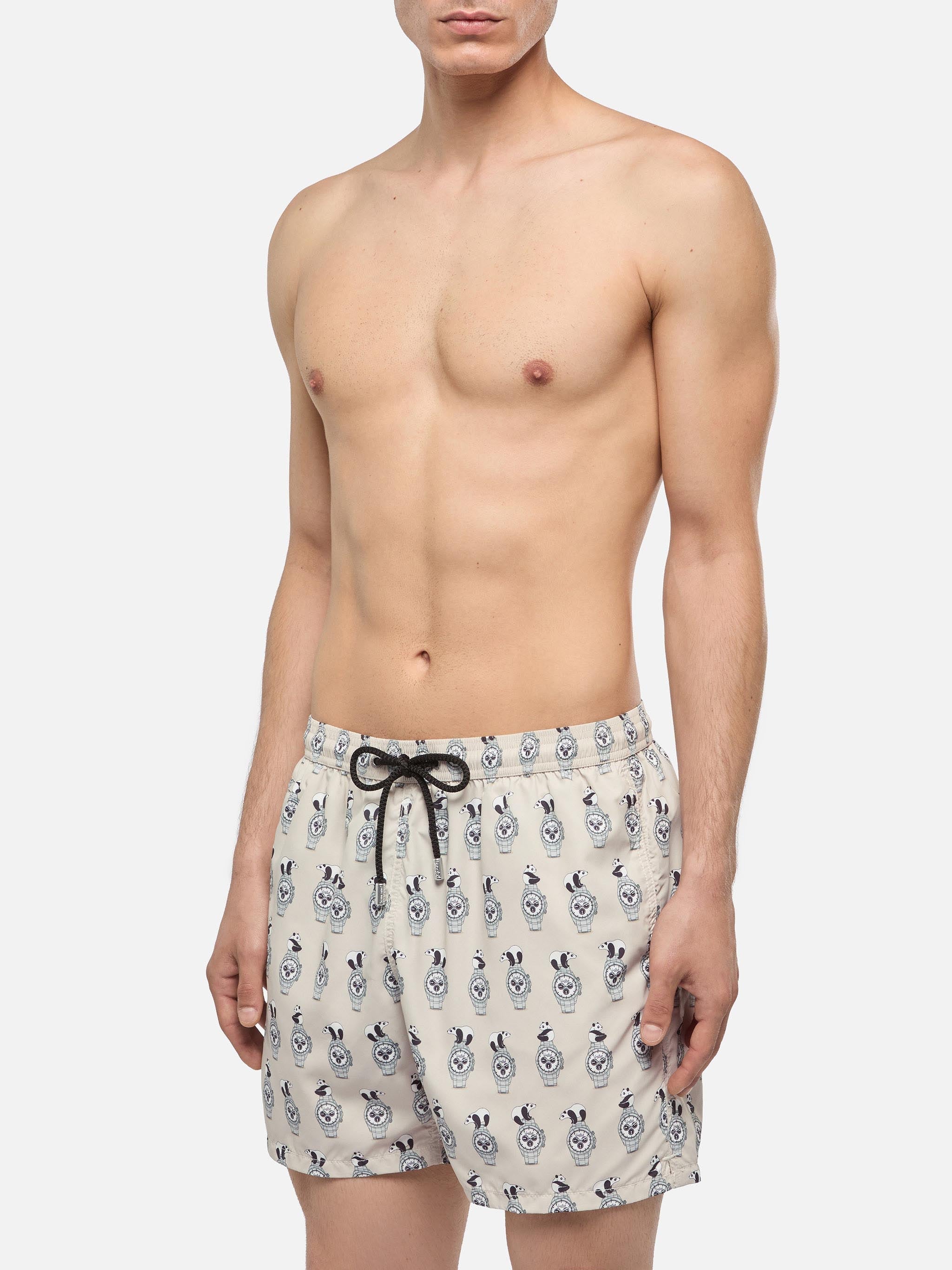 Lightweight Fabric Swim Shorts Lighting With Watch Print White Swimshort