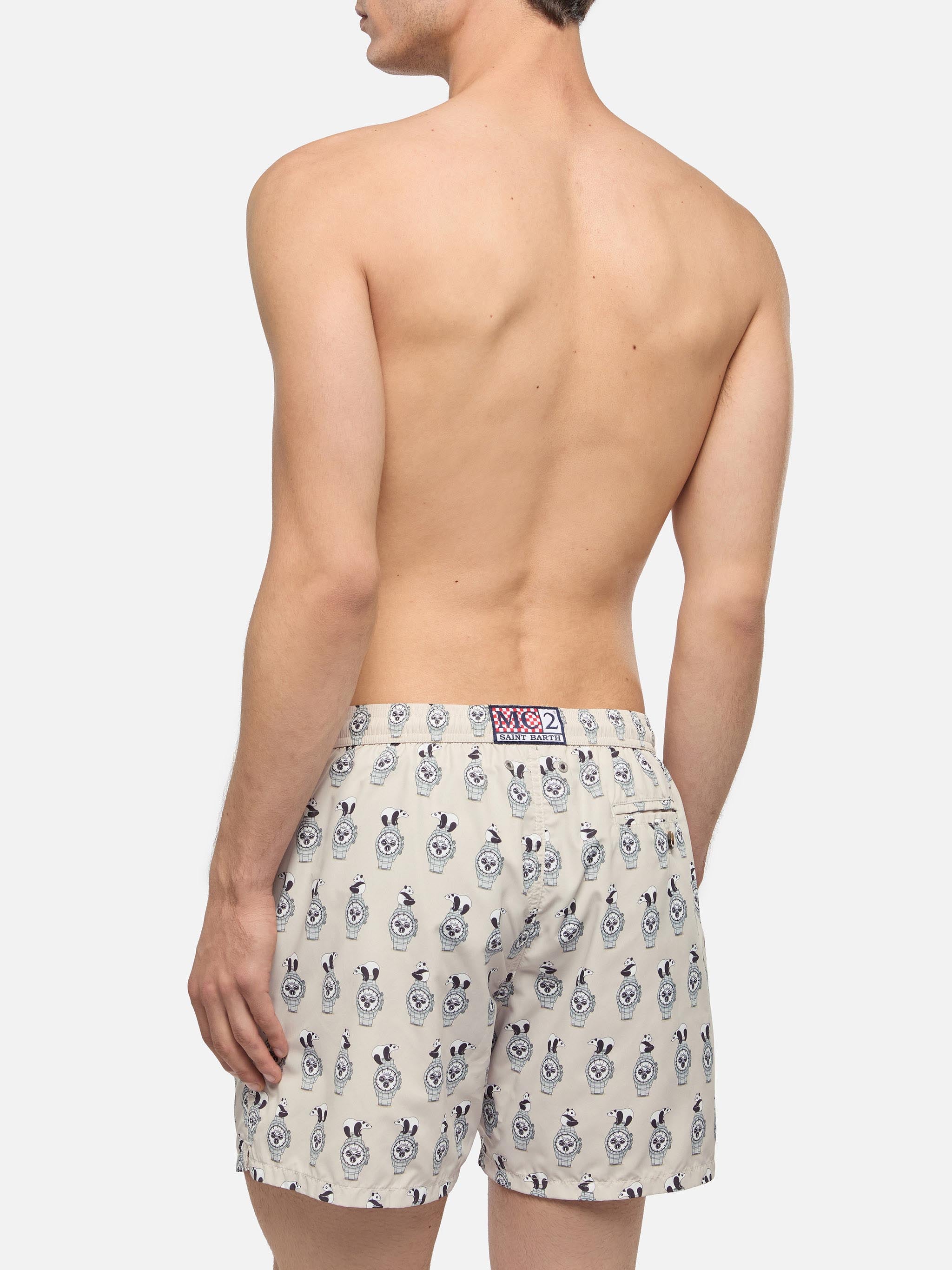 Lightweight Fabric Swim Shorts Lighting With Watch Print White Swimshort