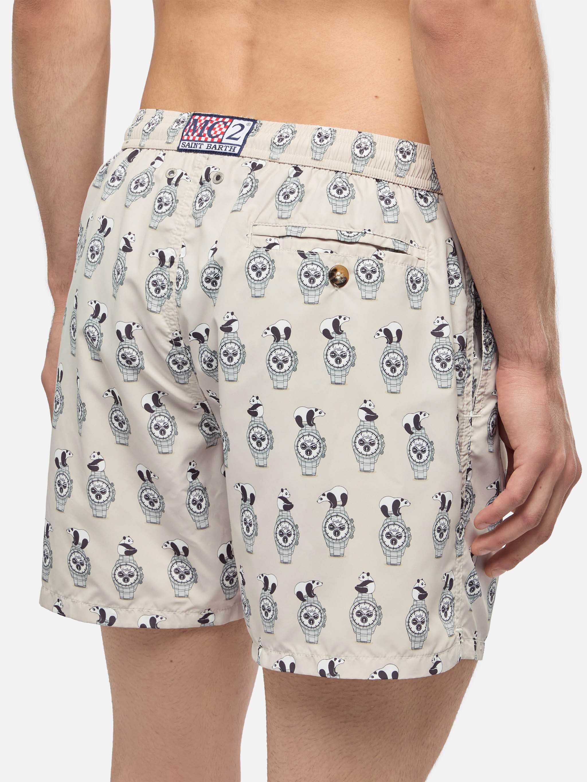 Lightweight Fabric Swim Shorts Lighting With Watch Print White Swimshort