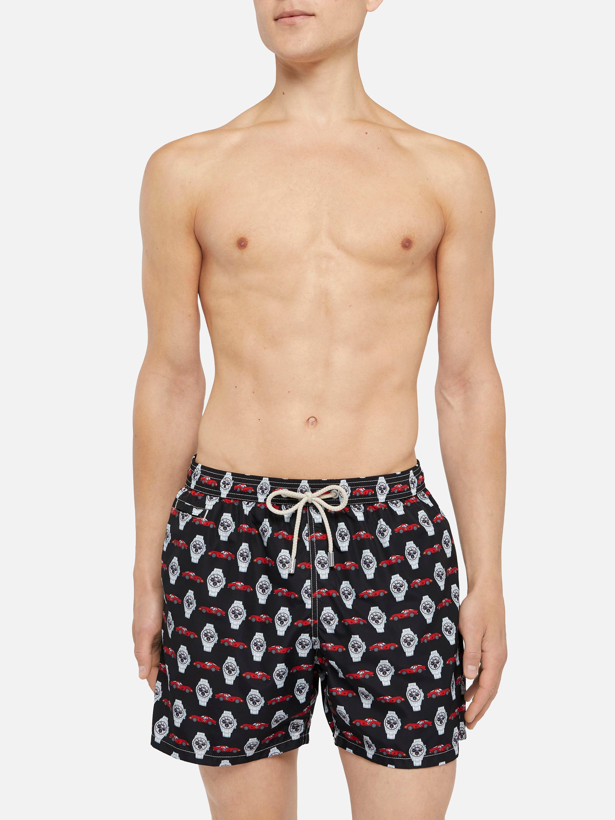 Lightweight Fabric Swim Shorts Lighting With Watch Print Black Swimshort