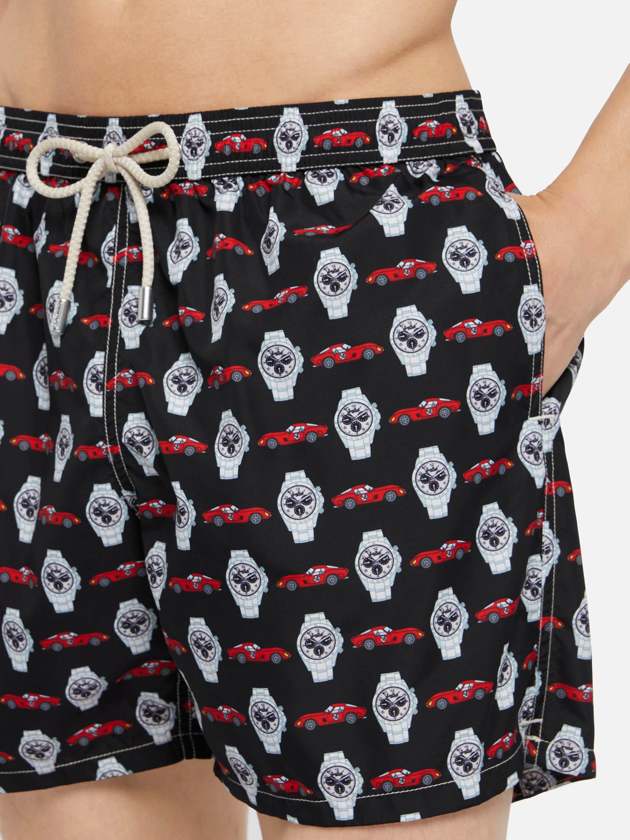 Lightweight Fabric Swim Shorts Lighting With Watch Print Black Swimshort