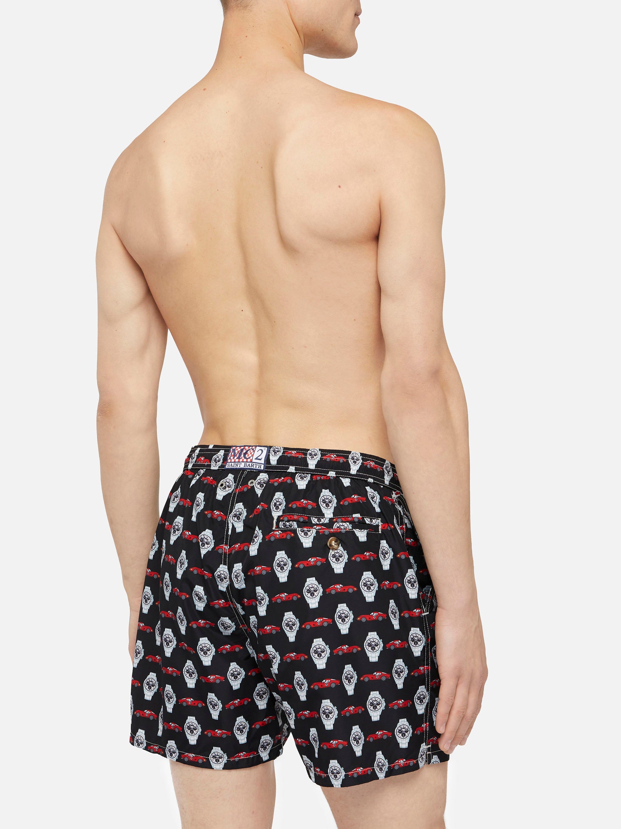 Lightweight Fabric Swim Shorts Lighting With Watch Print Black Swimshort