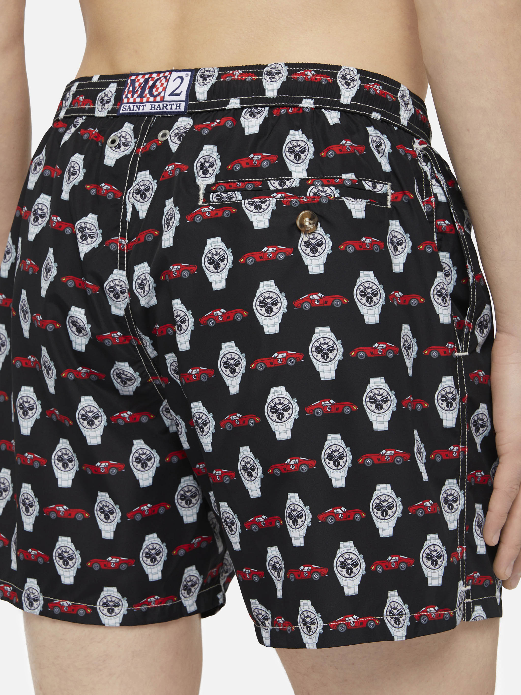 Lightweight Fabric Swim Shorts Lighting With Watch Print Black Swimshort