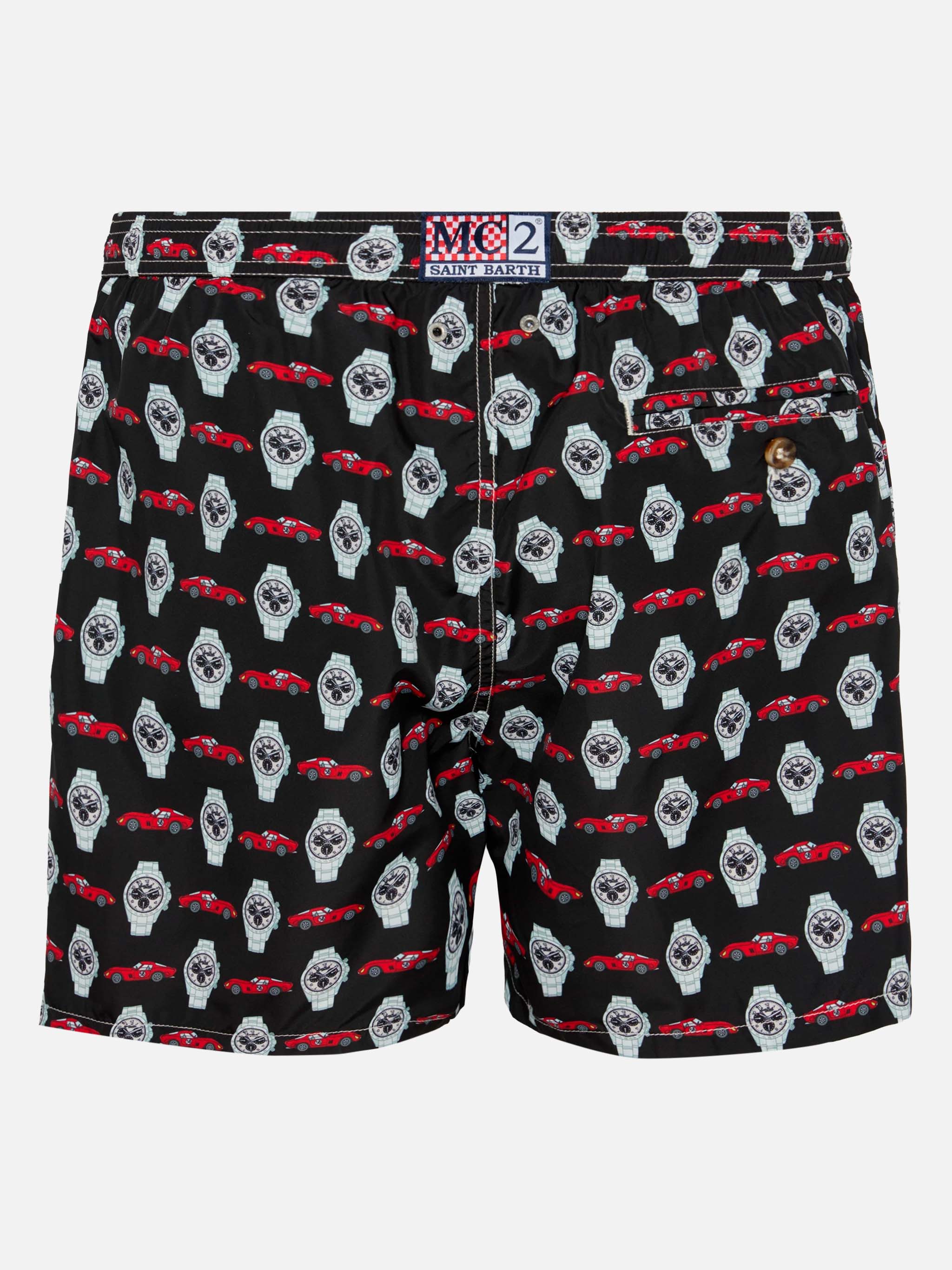 Lightweight Fabric Swim Shorts Lighting With Watch Print Black Swimshort