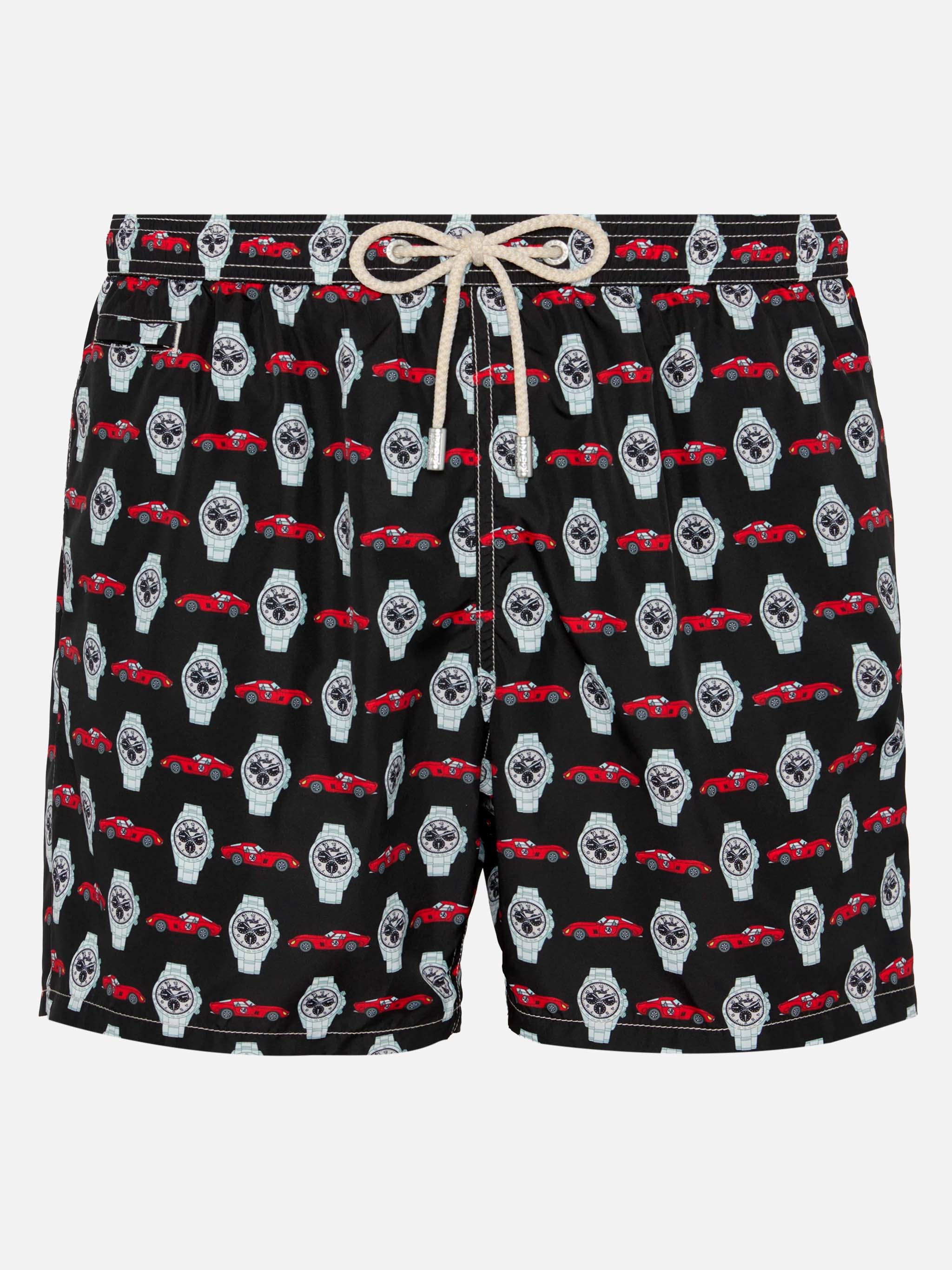 Lightweight Fabric Swim Shorts Lighting With Watch Print Black Swimshort