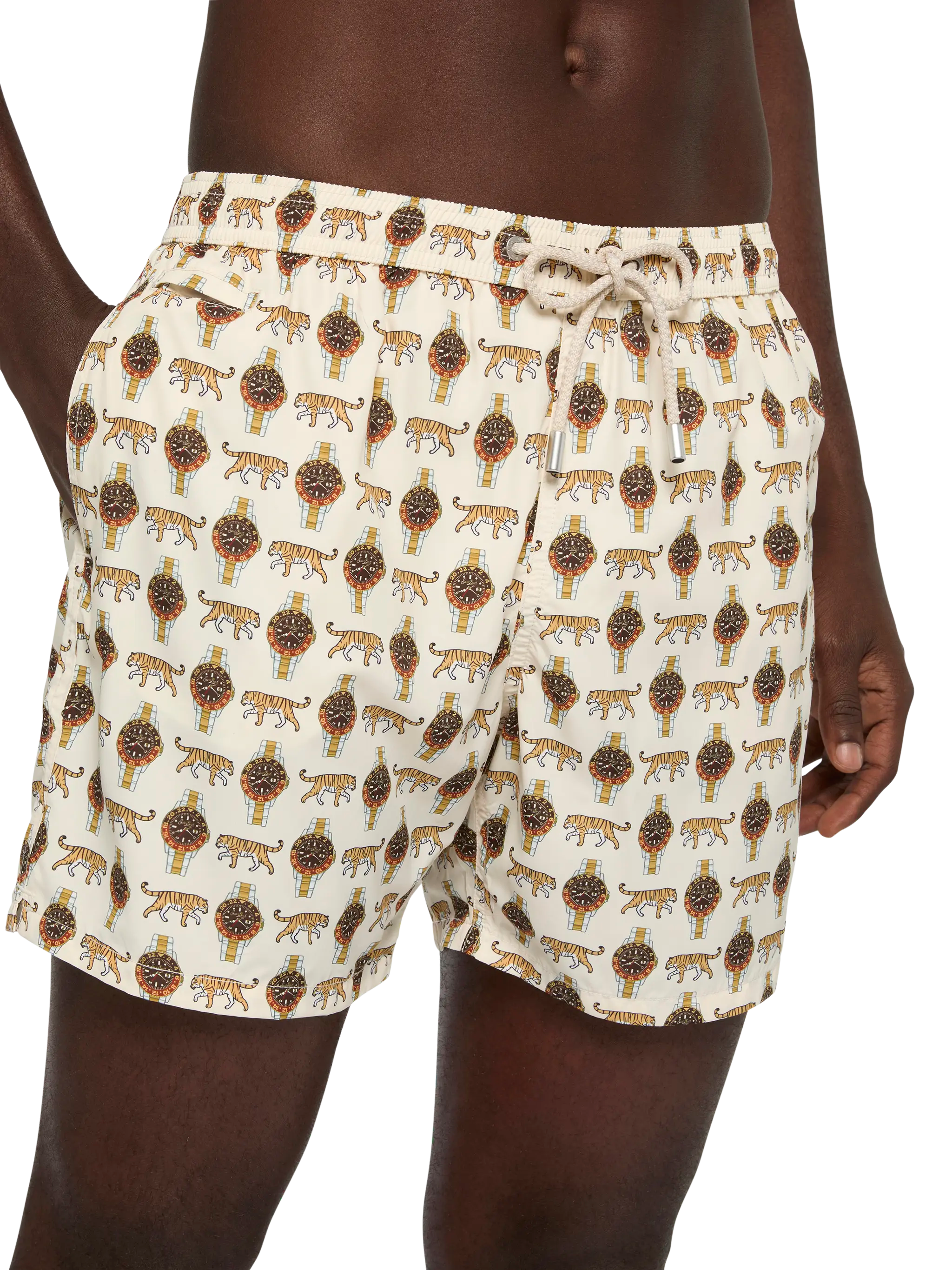 Lightweight Fabric Swim Shorts Lighting With Watch Print White Swimshort