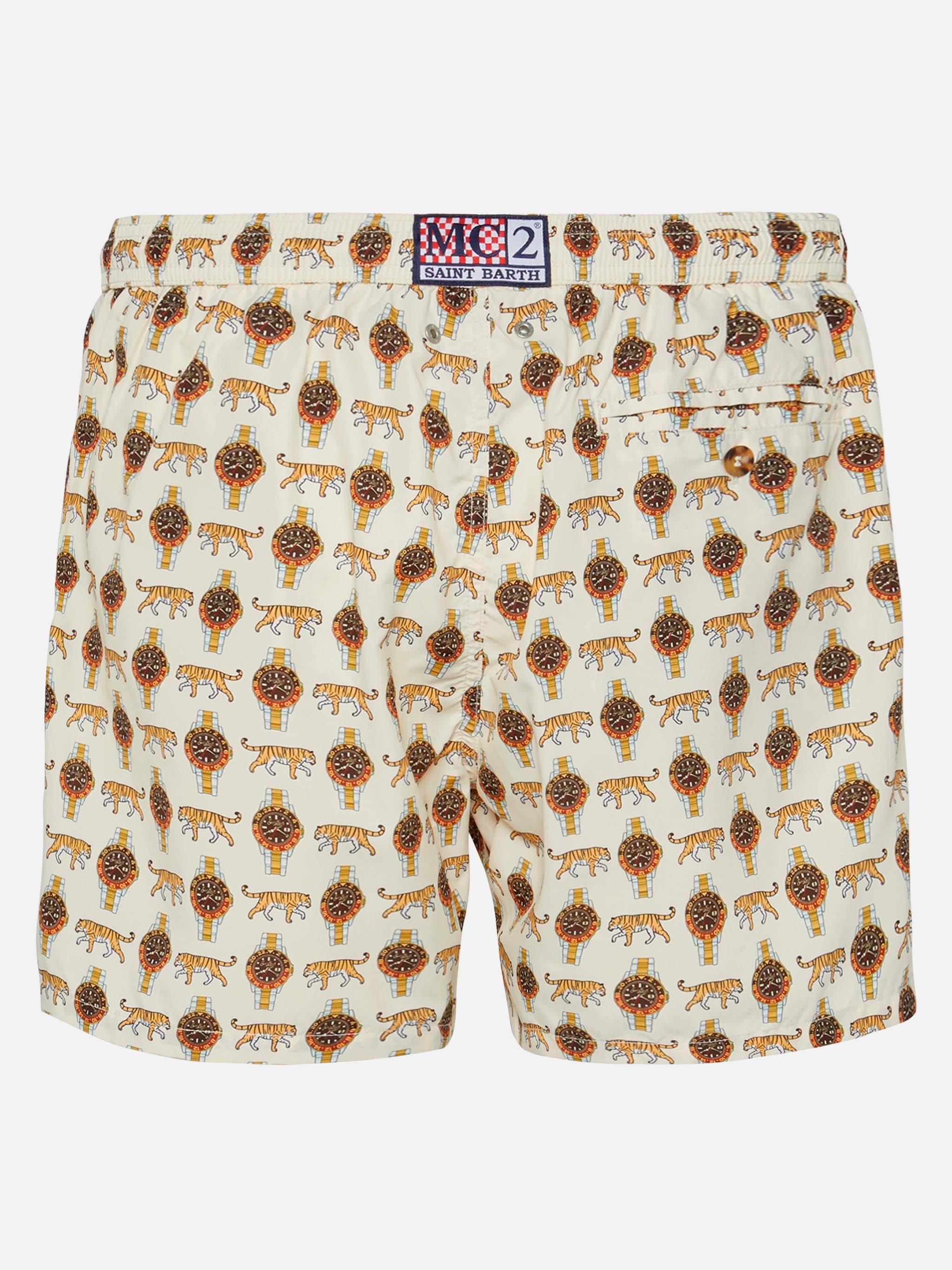 Lightweight Fabric Swim Shorts Lighting With Watch Print White Swimshort