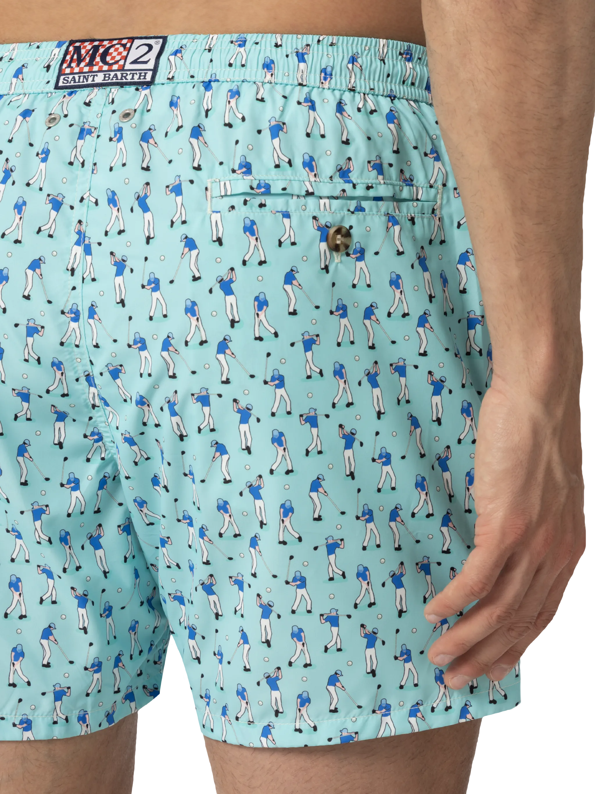 Lightweight Fabric Swim Shorts Lighting With Golf Players Print Green Swimshort