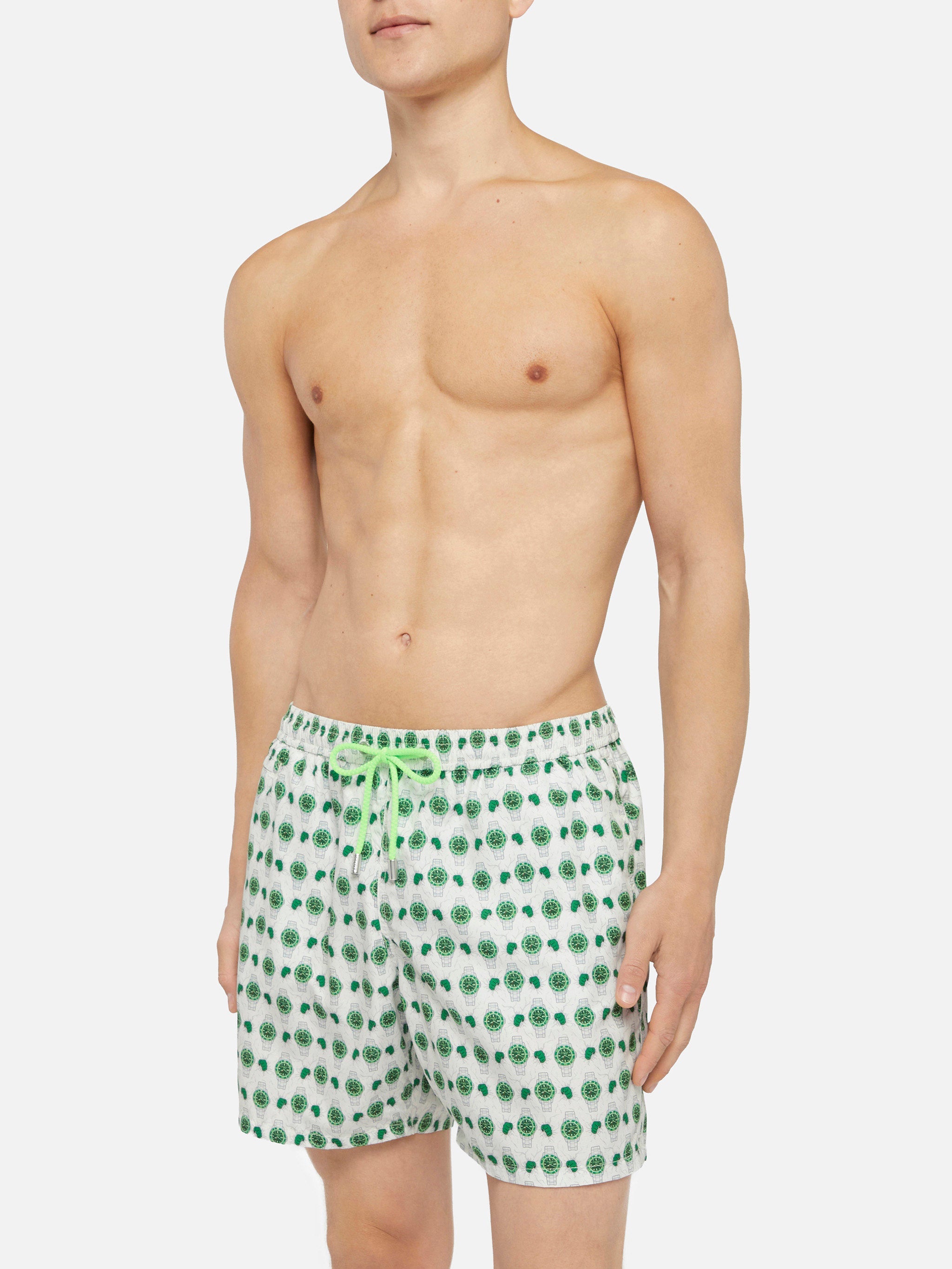 Lightweight Fabric Swim Shorts Lighting With Watch Print White Swimshort