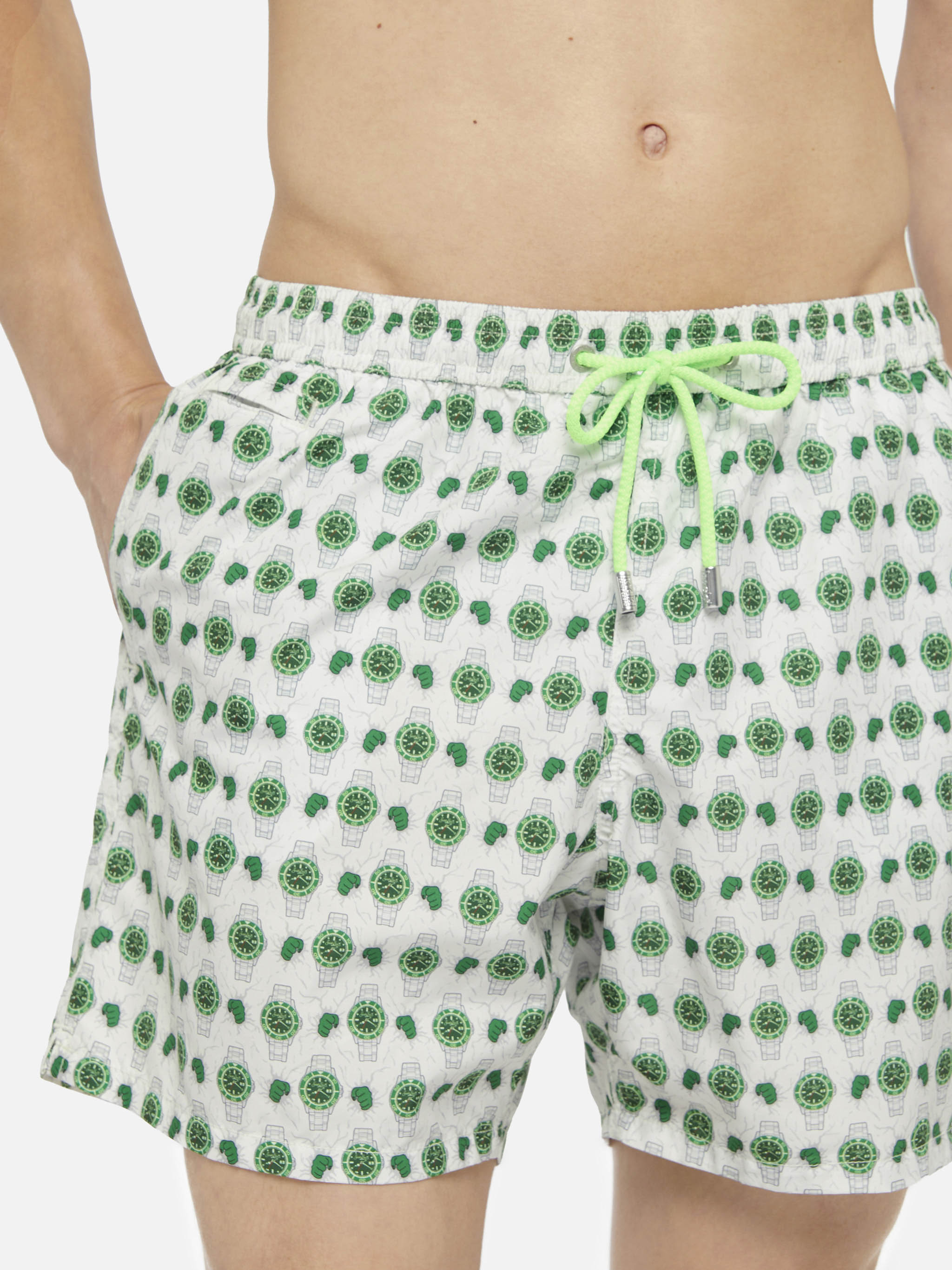 Lightweight Fabric Swim Shorts Lighting With Watch Print White Swimshort