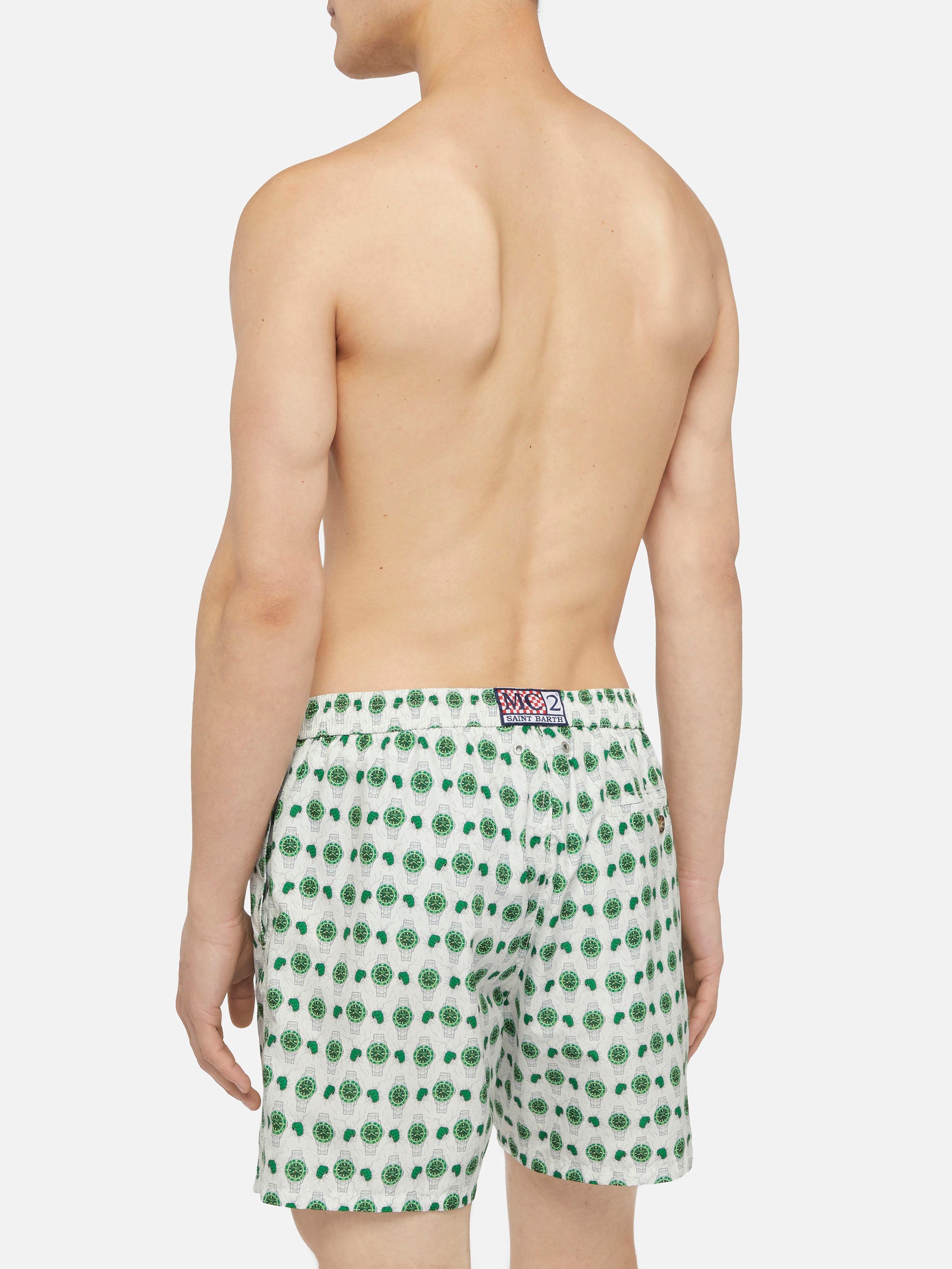 Lightweight Fabric Swim Shorts Lighting With Watch Print White Swimshort