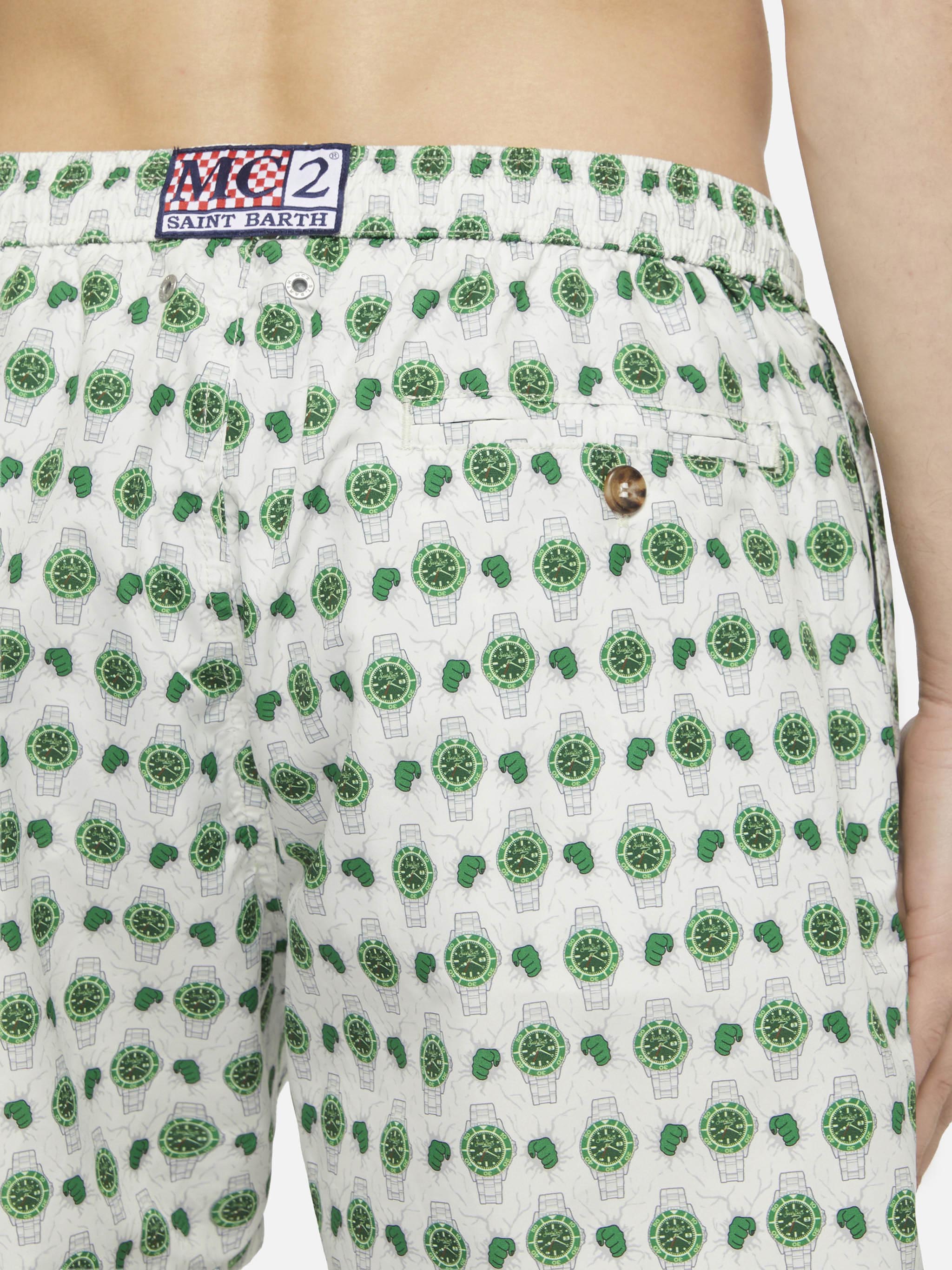 Lightweight Fabric Swim Shorts Lighting With Watch Print White Swimshort