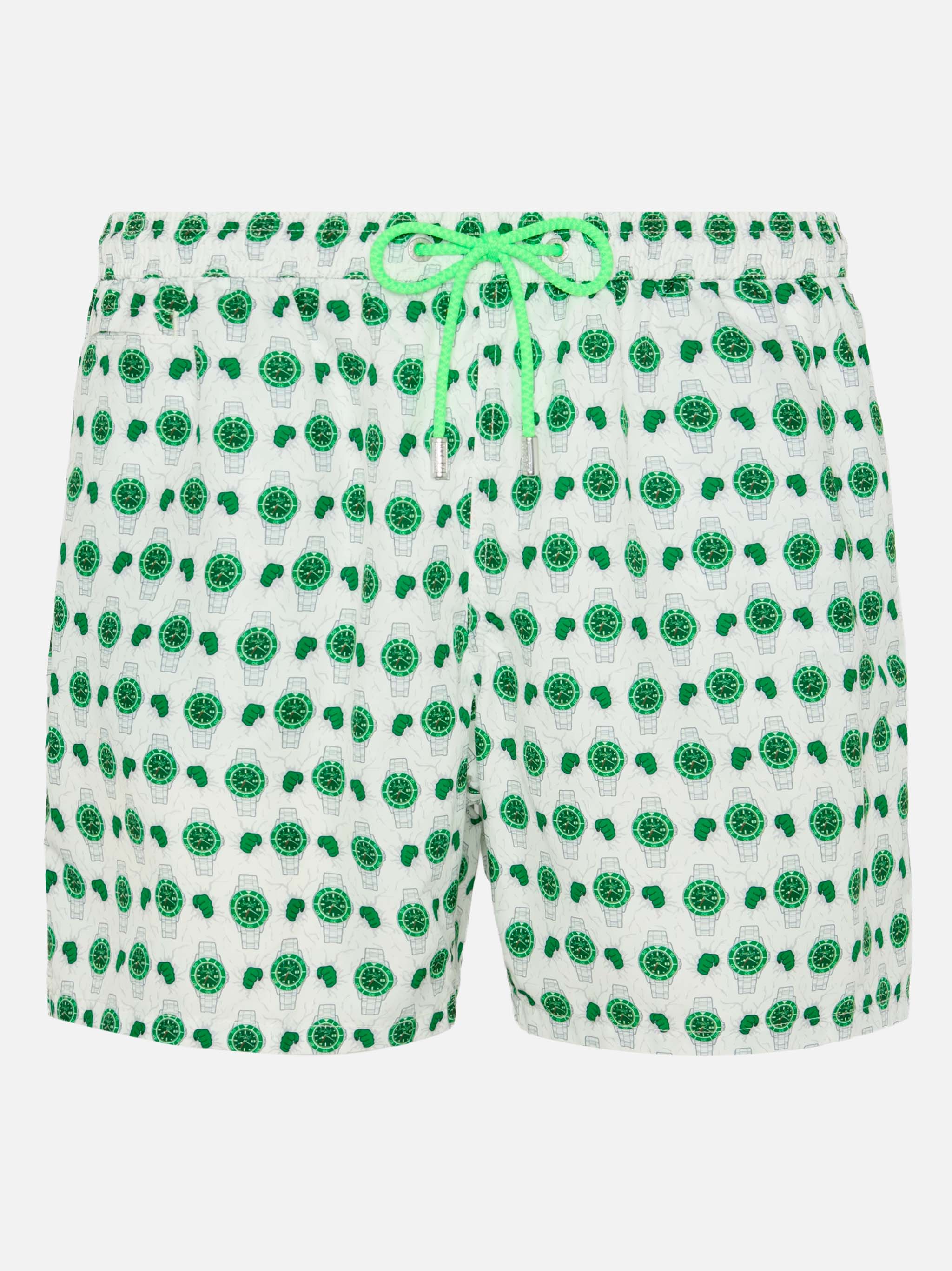 Lightweight Fabric Swim Shorts Lighting With Watch Print White Swimshort
