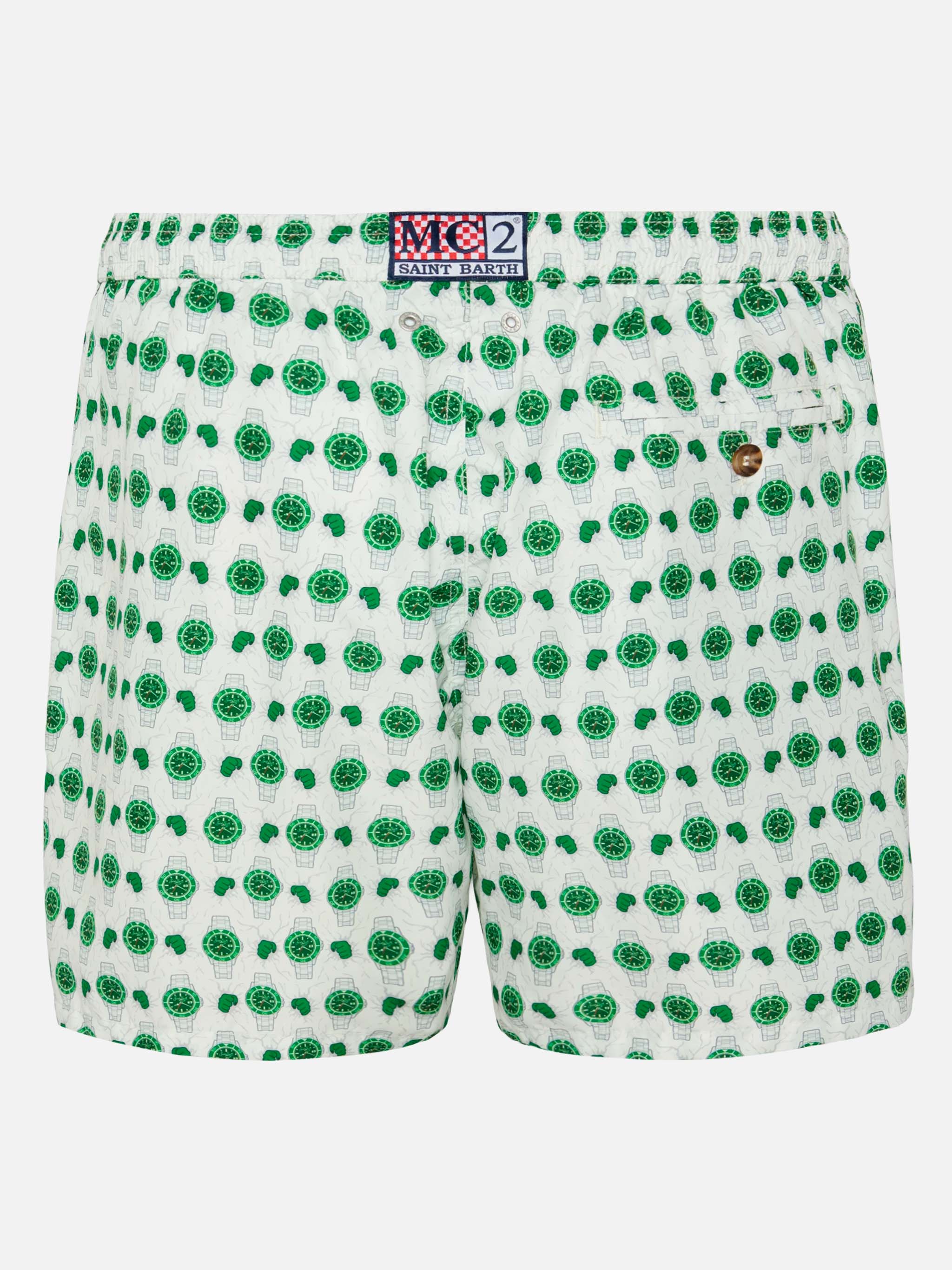 Lightweight Fabric Swim Shorts Lighting With Watch Print White Swimshort
