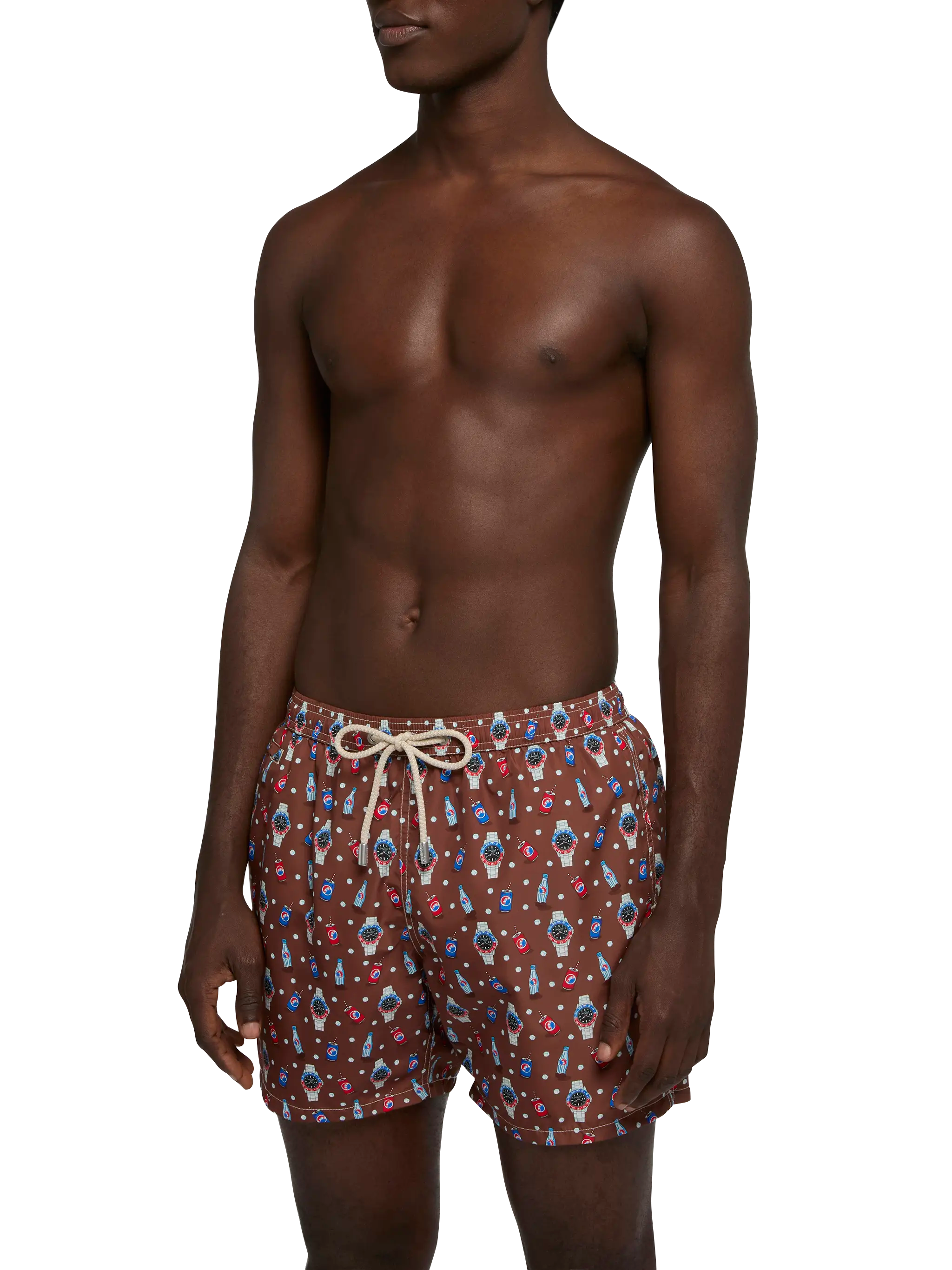 Lightweight Fabric Swim Shorts Lighting With Watch Print Brown Swimshort