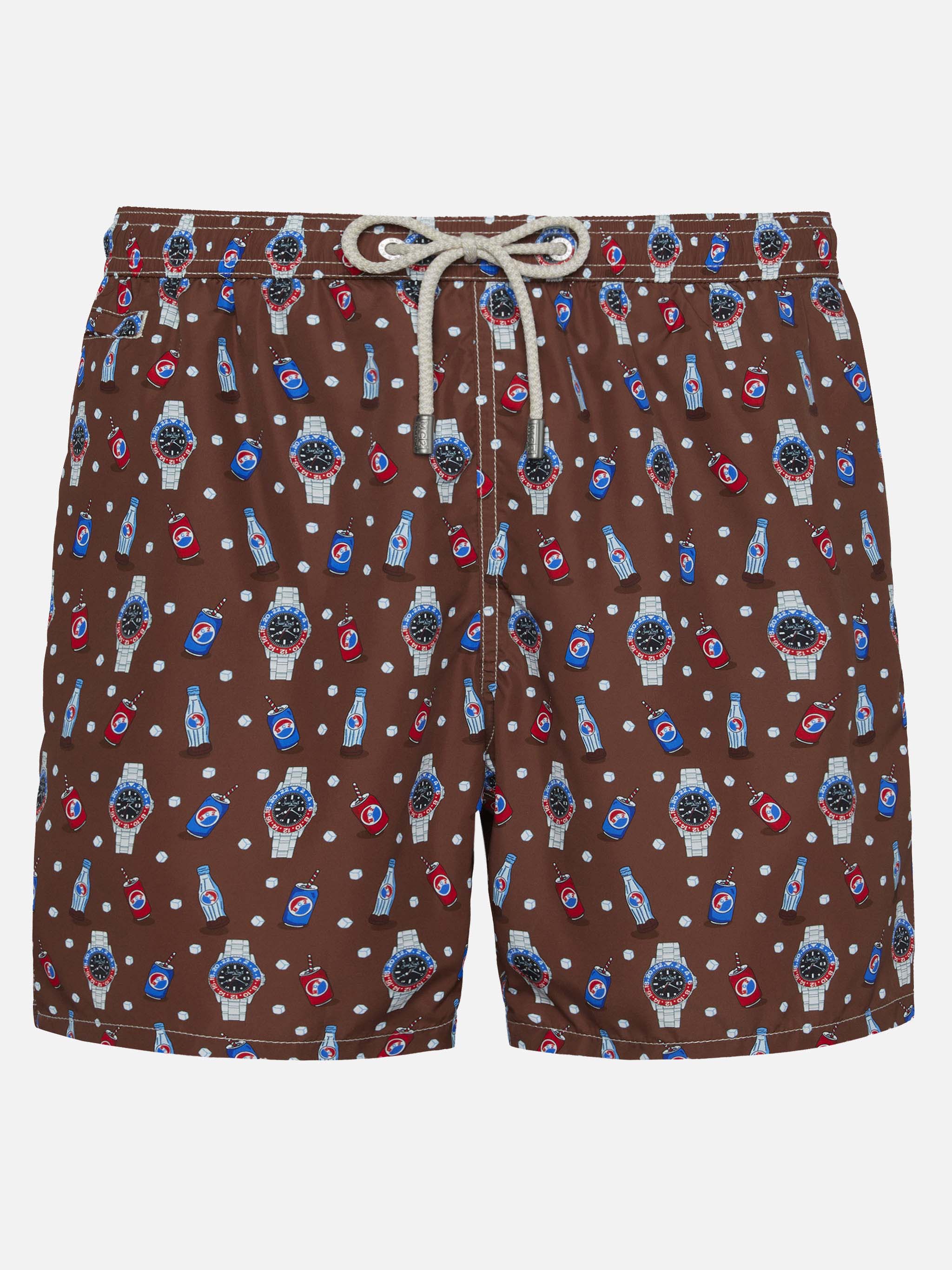 Lightweight Fabric Swim Shorts Lighting With Watch Print Brown Swimshort