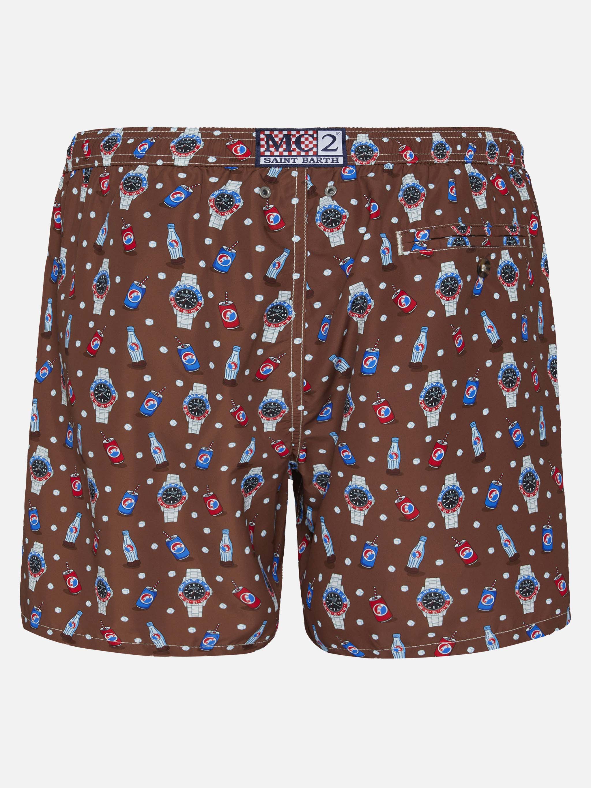 Lightweight Fabric Swim Shorts Lighting With Watch Print Brown Swimshort