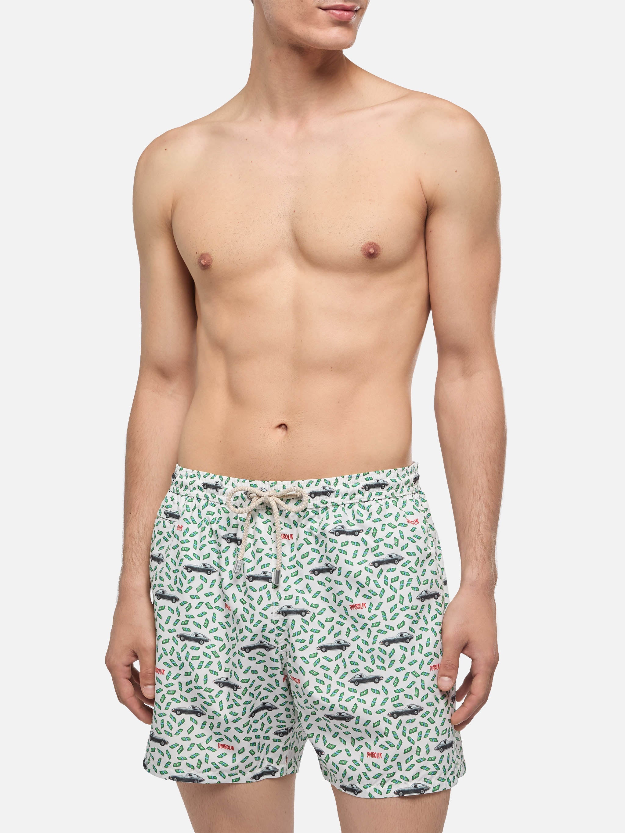 Man Light Fabric Swim Shorts With Car And Money Print | Diabolik Special Edition White Swimshort