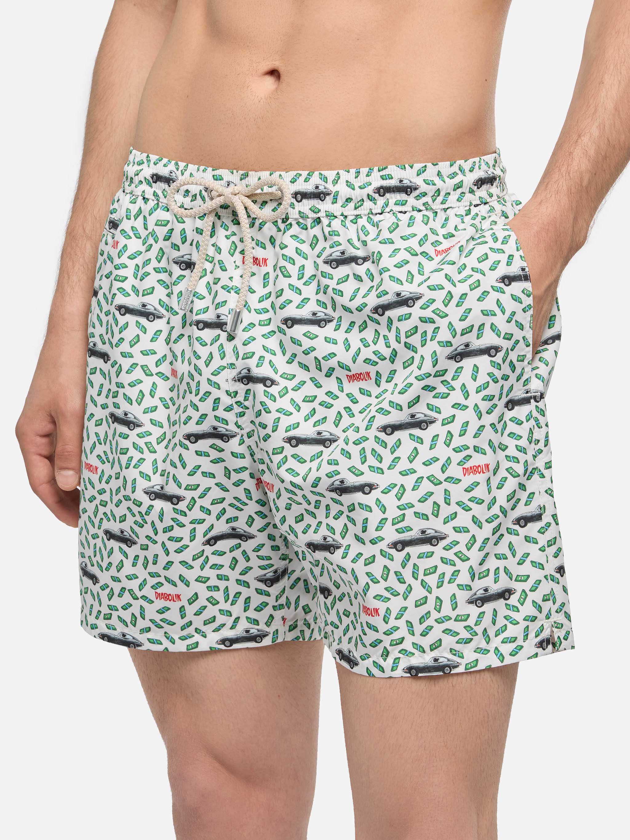 Man Light Fabric Swim Shorts With Car And Money Print | Diabolik Special Edition White Swimshort