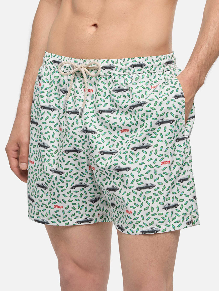 Man Light Fabric Swim Shorts With Car And Money Print | Diabolik Special Edition White Swimshort