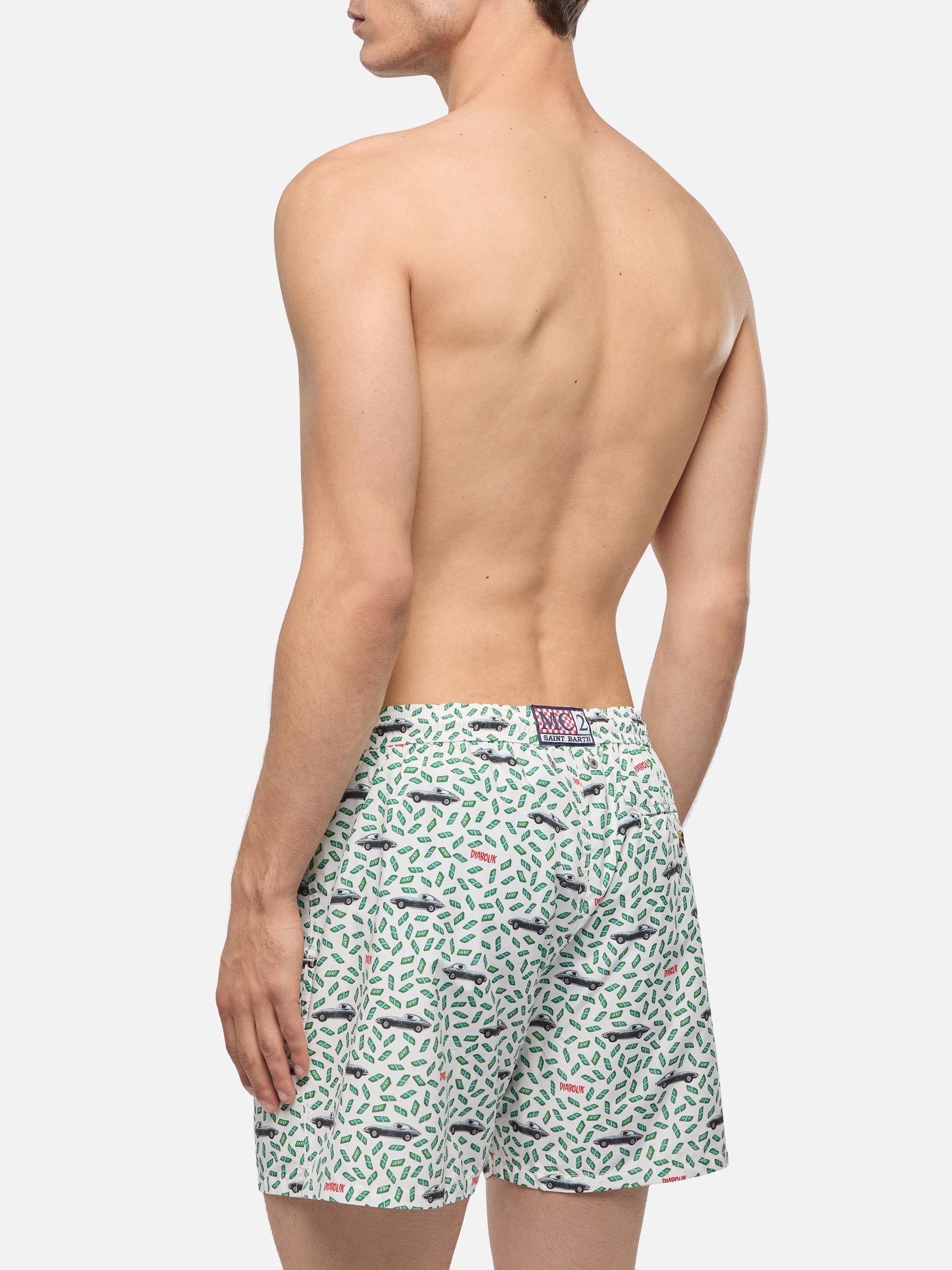 Man Light Fabric Swim Shorts With Car And Money Print | Diabolik Special Edition White Swimshort