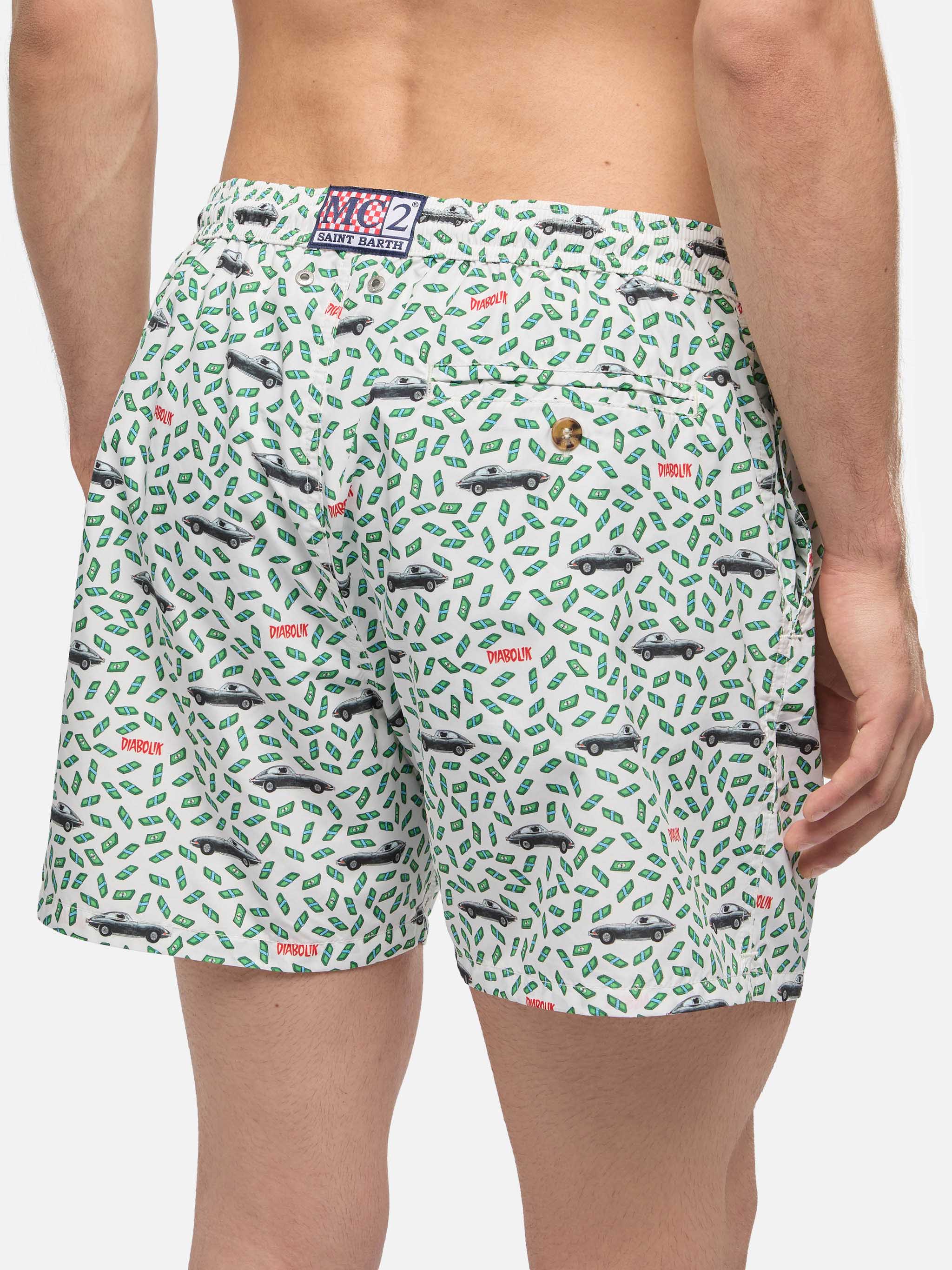 Man Light Fabric Swim Shorts With Car And Money Print | Diabolik Special Edition White Swimshort