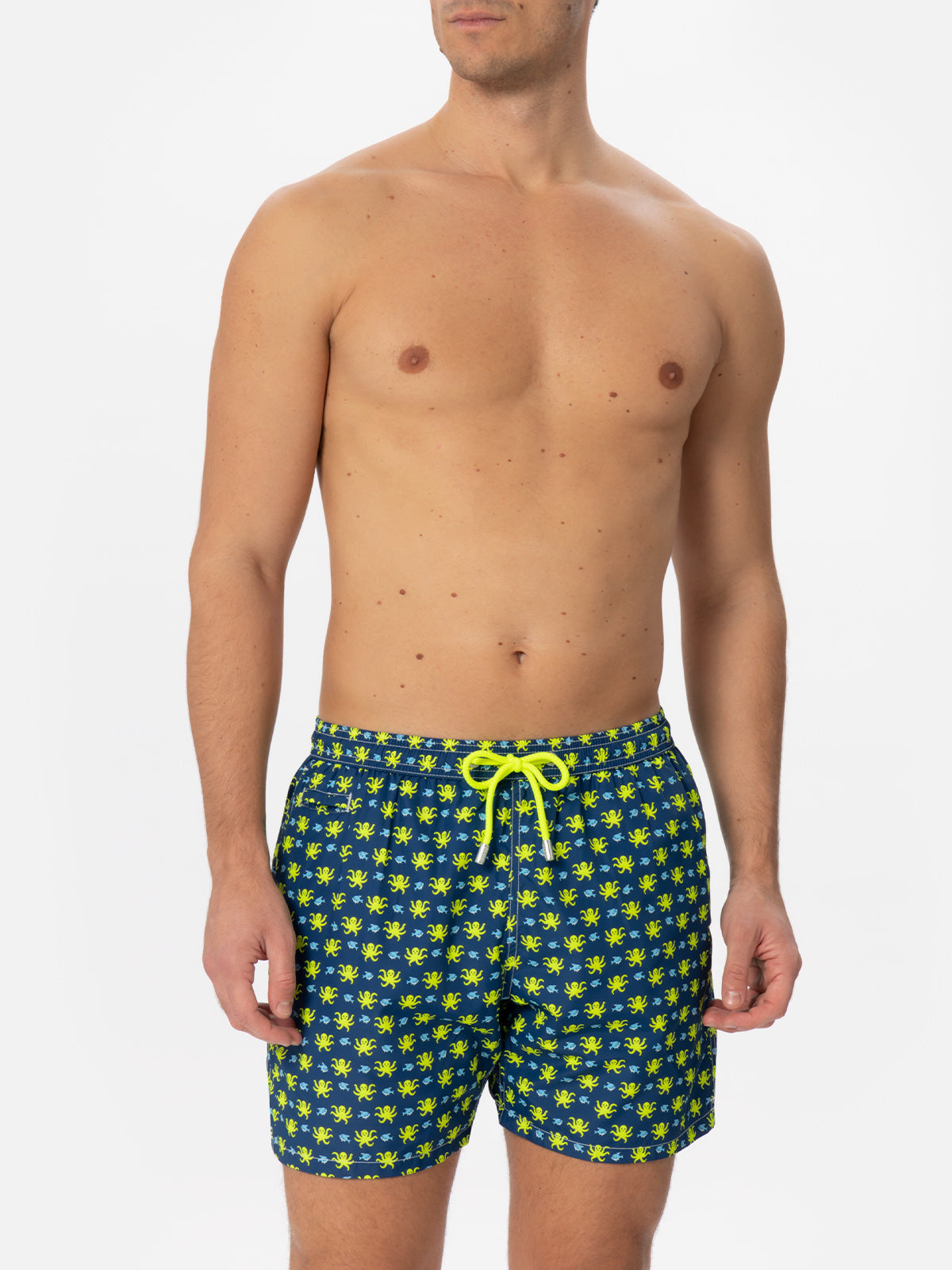 Man Light Fabric Swim Shorts With Fish And Octopus Print Blue Swimshort