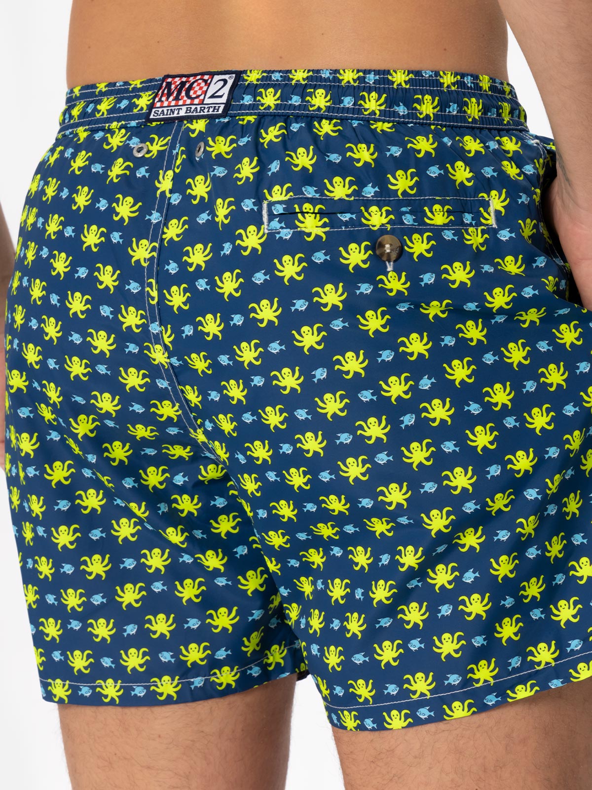 Man Light Fabric Swim Shorts With Fish And Octopus Print Blue Swimshort