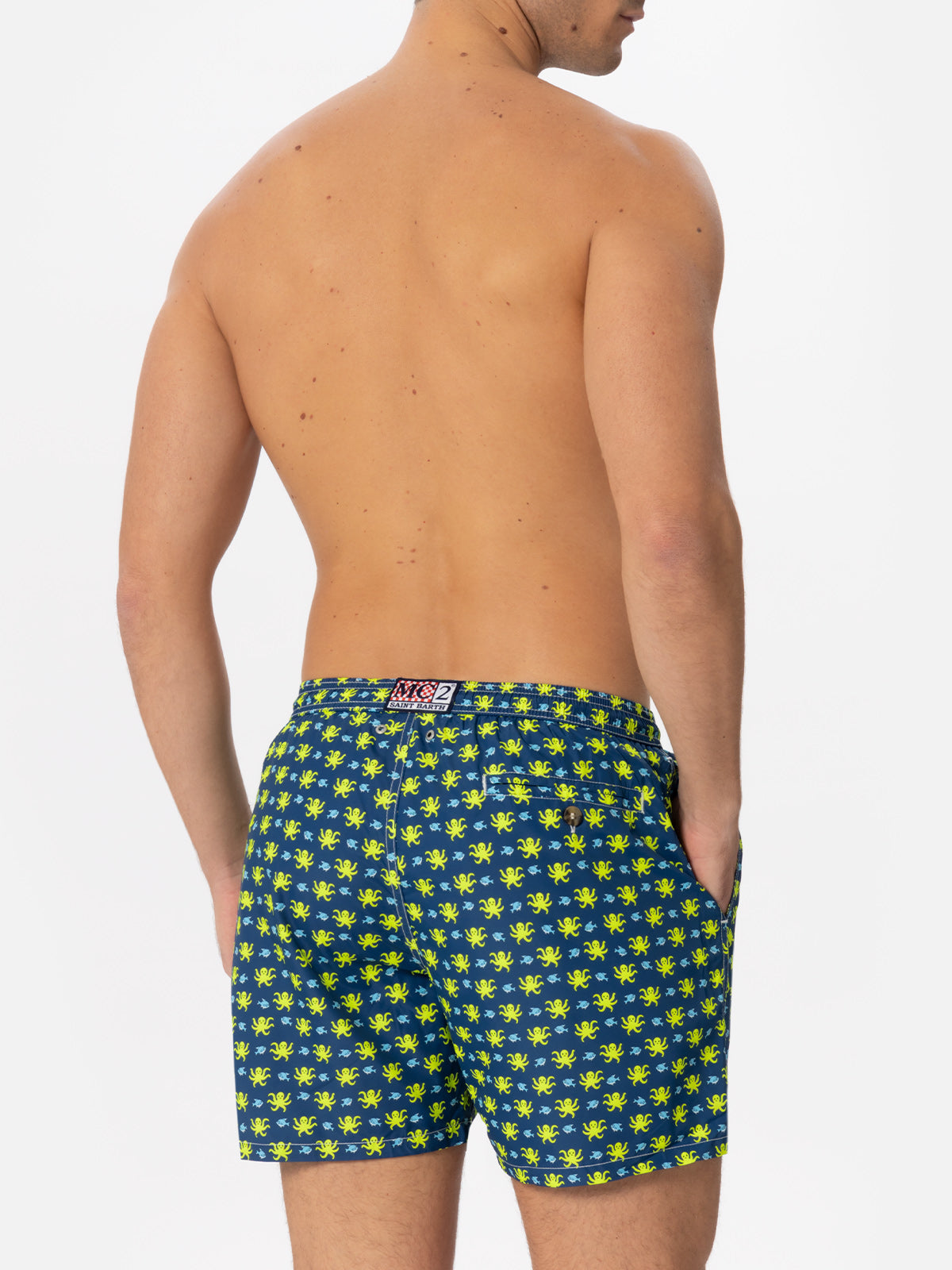 Man Light Fabric Swim Shorts With Fish And Octopus Print Blue Swimshort