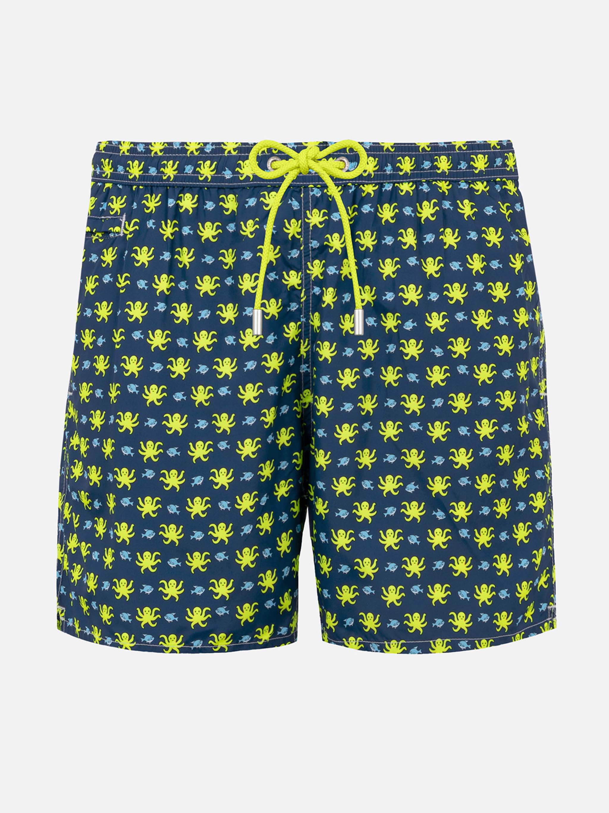 Man Light Fabric Swim Shorts With Fish And Octopus Print Blue Swimshort