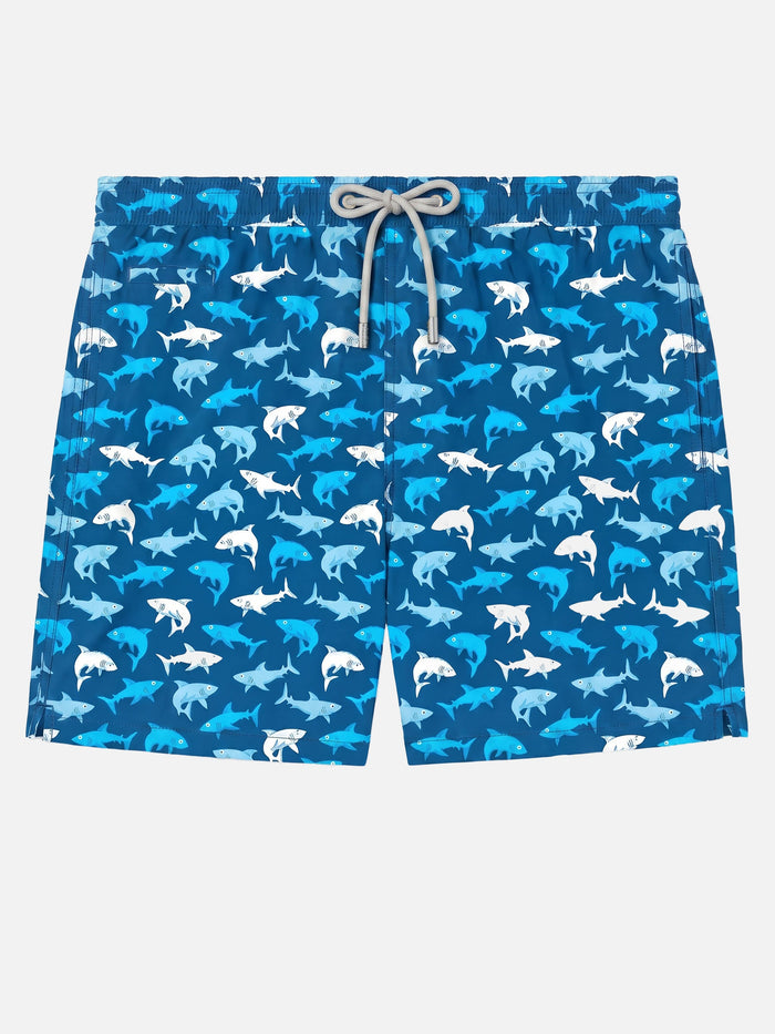 Man Light Fabric Swim Shorts With Multicolor Sharks Print Blue Swimshort