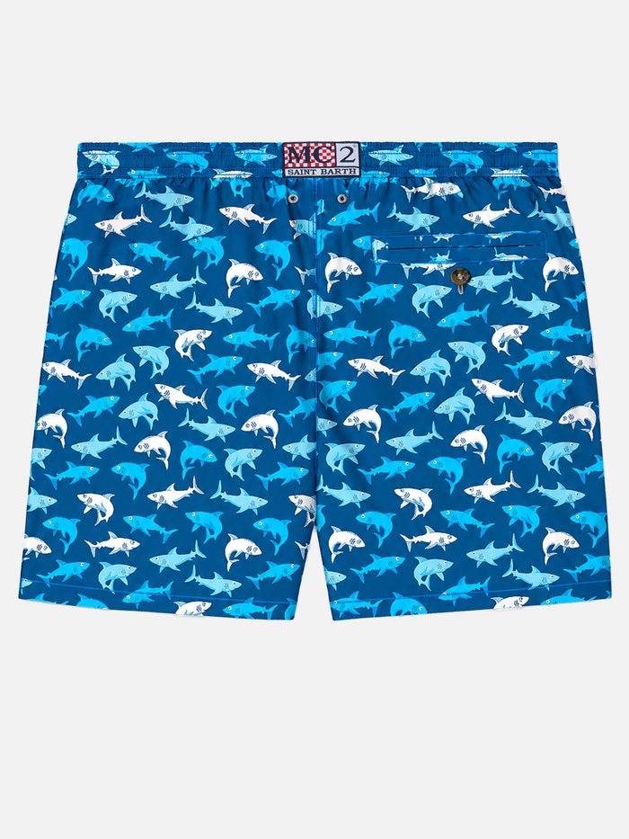 Man Light Fabric Swim Shorts With Multicolor Sharks Print Blue Swimshort