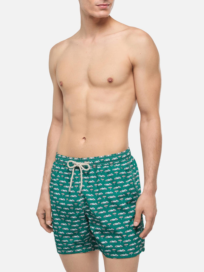 Lightweight Fabric Swim Shorts Lighting With Sporty Car Print Green Swimshort