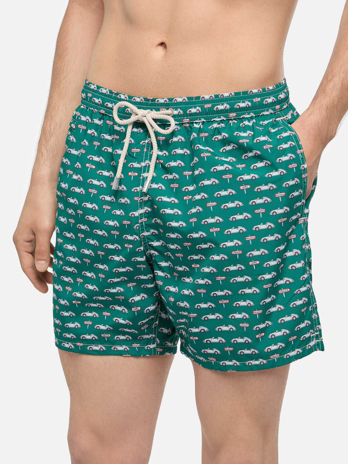 Lightweight Fabric Swim Shorts Lighting With Sporty Car Print Green Swimshort