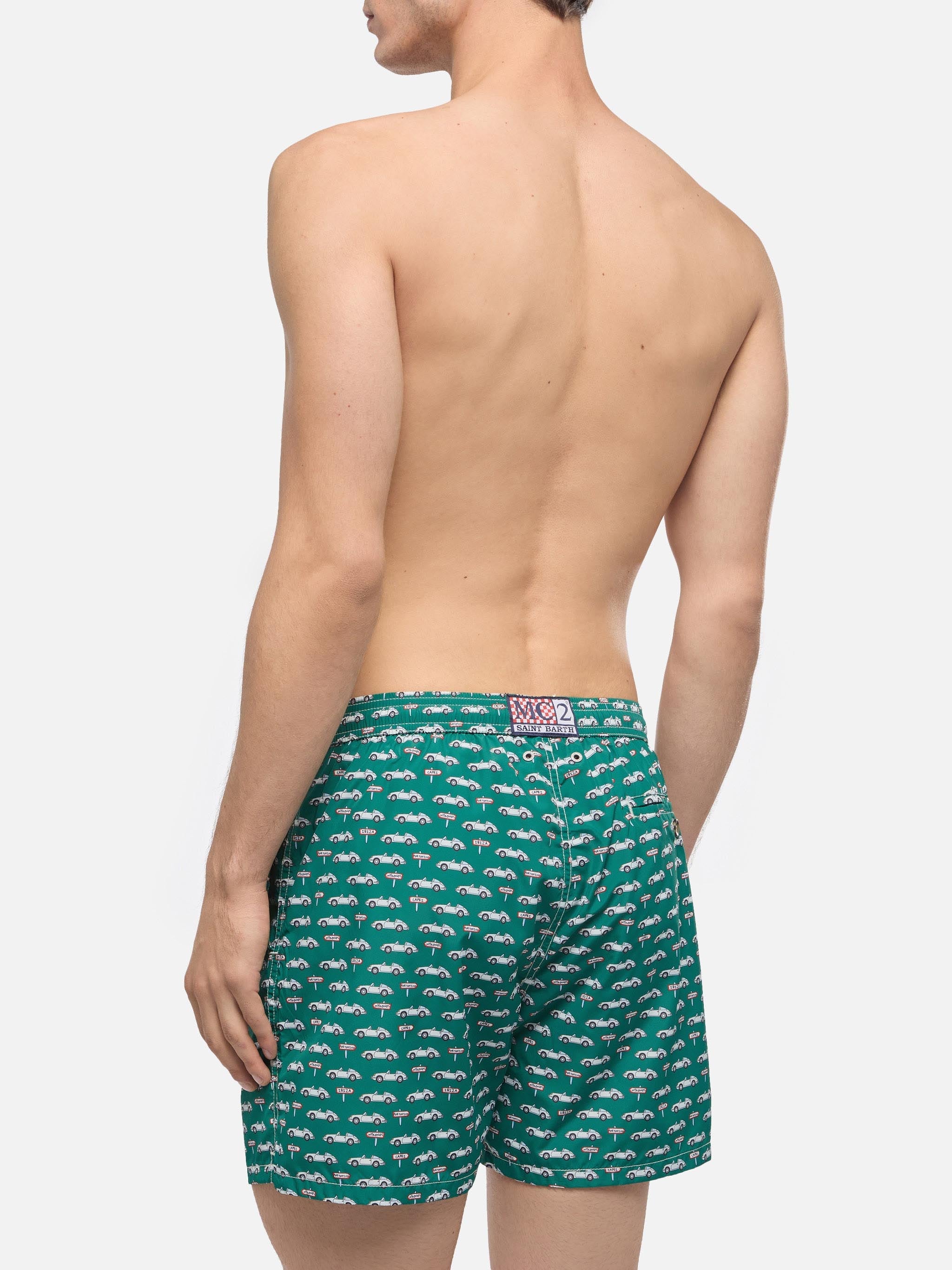 Lightweight Fabric Swim Shorts Lighting With Sporty Car Print Green Swimshort