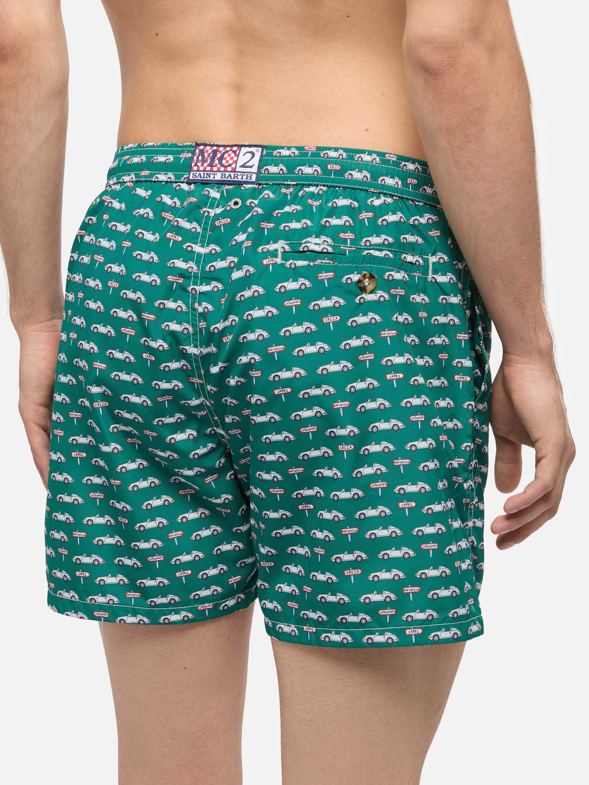 Lightweight Fabric Swim Shorts Lighting With Sporty Car Print Green Swimshort