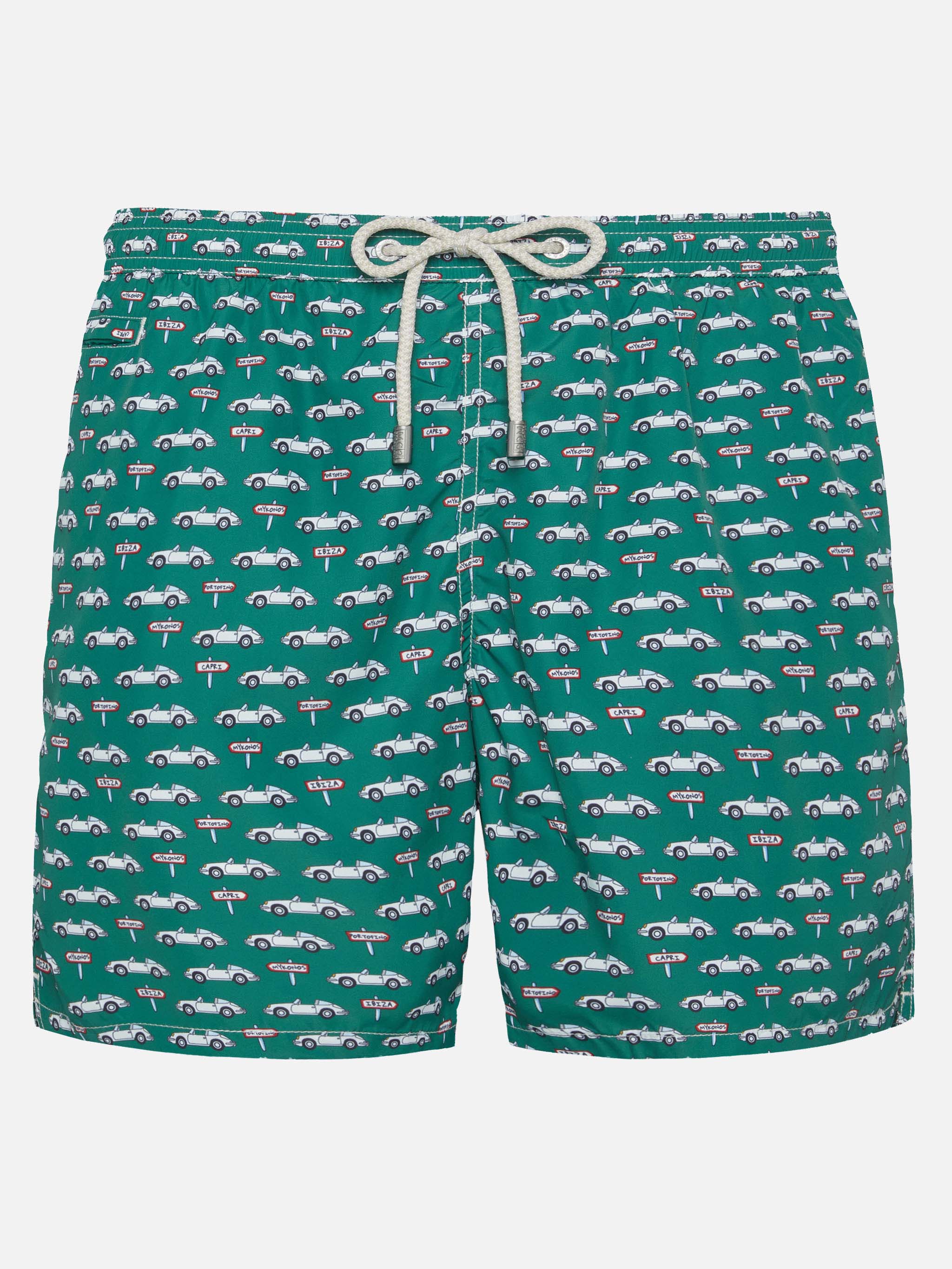 Lightweight Fabric Swim Shorts Lighting With Sporty Car Print Green Swimshort